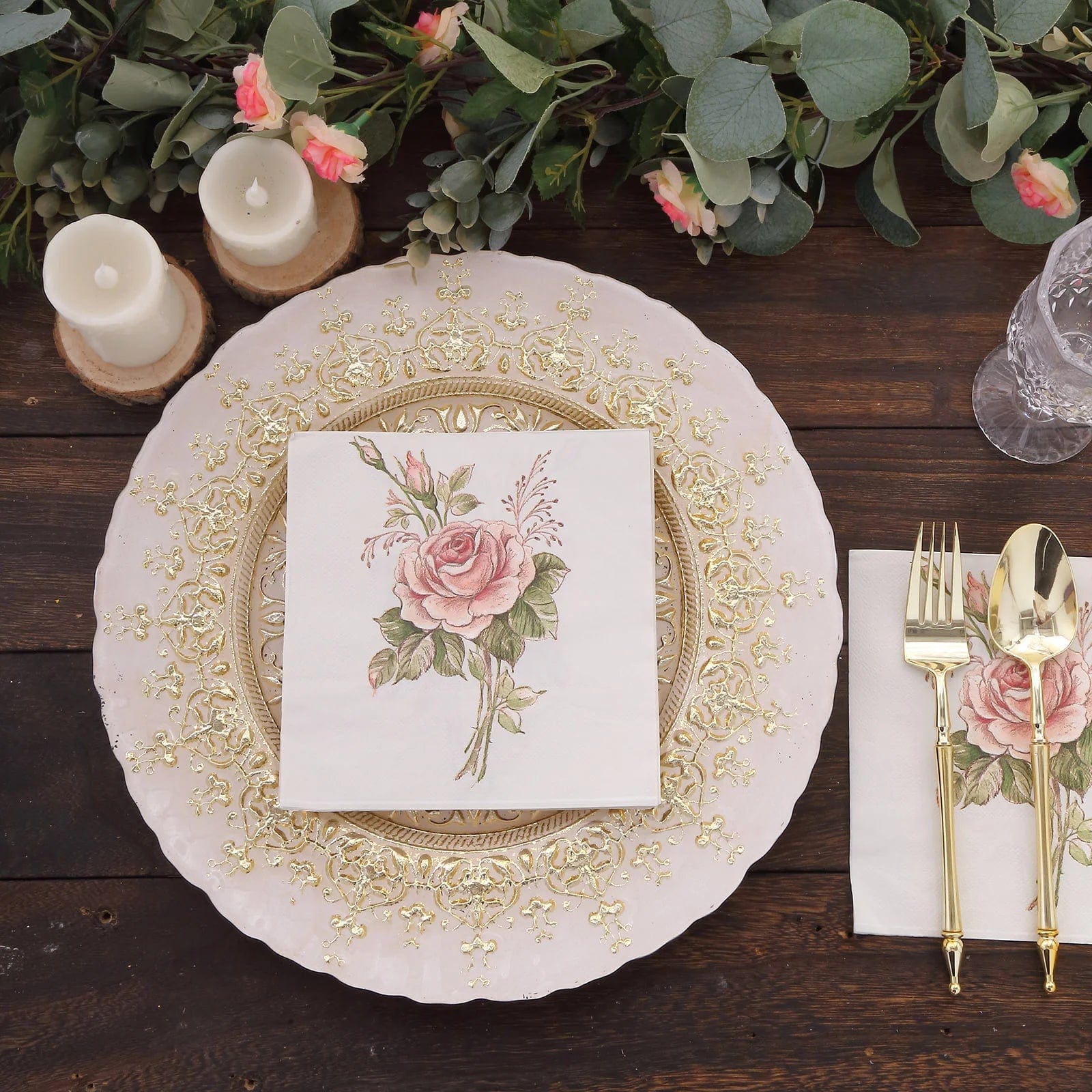 20-Pack Ivory & Pink Rose Cocktail Napkins 13x13 Inch Disposable Paper Napkins for Wedding, Bridal Shower, Birthday Party & Elegant Events