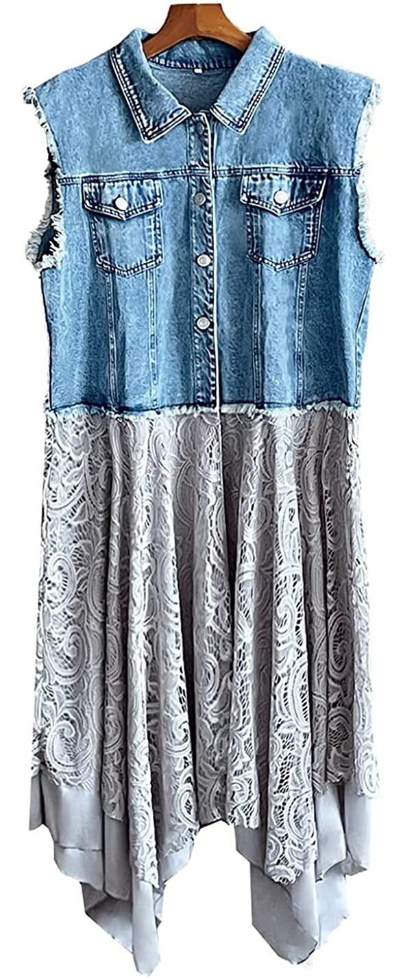 Women's Denim Vest - Mid Long Patchwork Design with Irregular Lace Hem | Sleeveless Jean Jacket for Casual Outfits, Layering & Boho Style