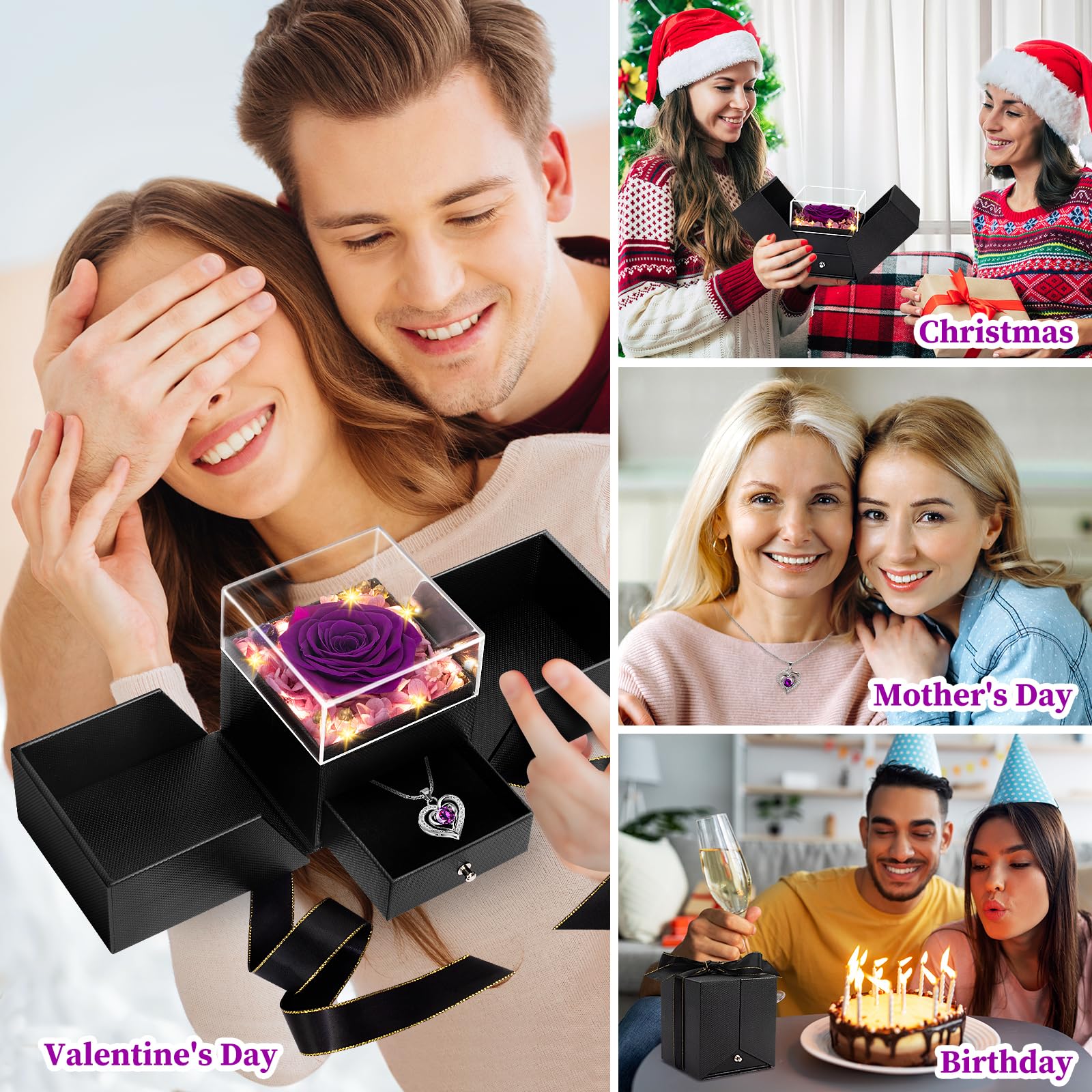 Eternal Preserved Real Rose Gift for Women - Purple Rose in Glass Box, Perfect Christmas, Birthday, Anniversary Gift for Wife, Girlfriend, Mom, Grandma | Romantic Home Decor, Wedding Centerpiece, Valentine's Day Surprise