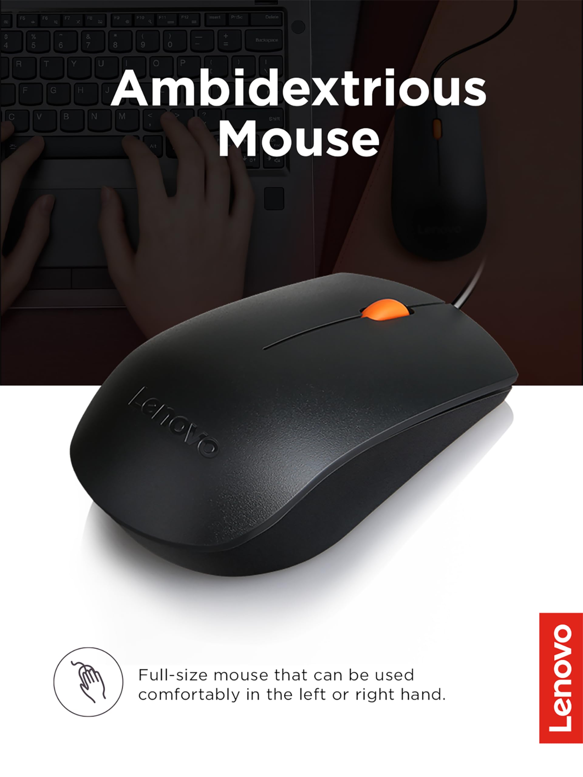 Lenovo 300 USB Combo - Full-Size Wired Keyboard & Ergonomic Mouse for Left/Right Hand (Black, Model GX30M39606) | Perfect for Office, Gaming & Home Computing
