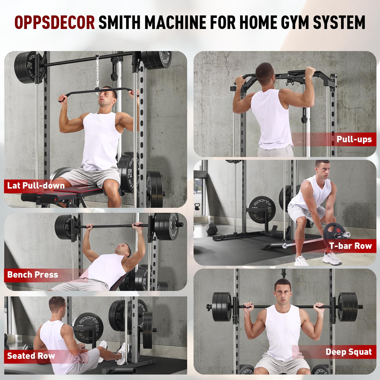 OPPSDECOR 1400LBS Smith Machine Power Rack - Heavy Duty Squat Rack with Smith Bar for Full Body Workout | Home Gym System with LAT Pulldown, Cable Crossover & Training Attachments | Perfect for Strength Training, Weight Lifting & Home Fitness