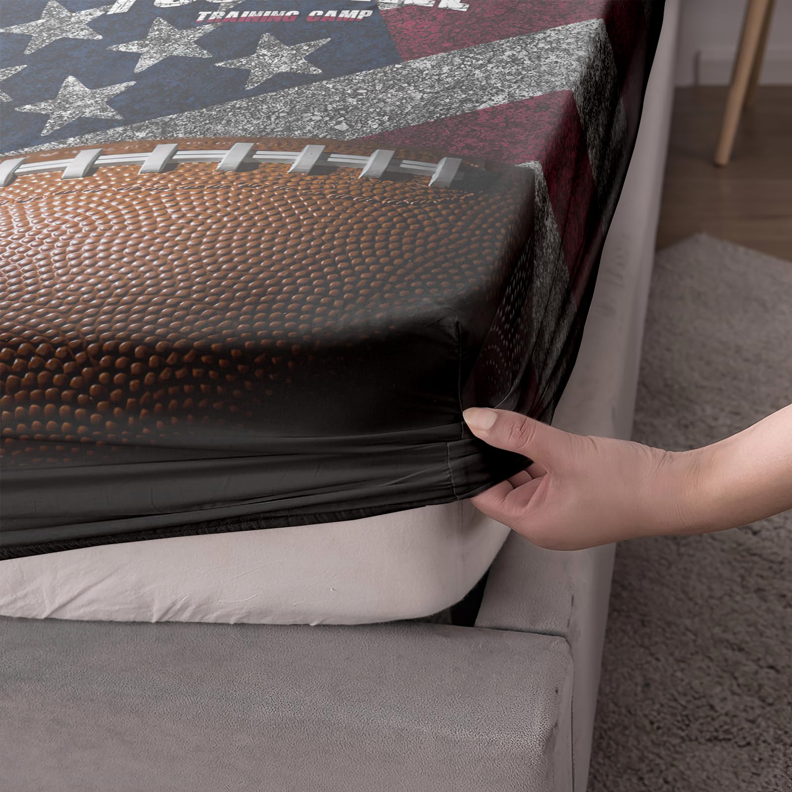 American Flag Football Fitted Sheet Queen Size - Axolotl Sports Bedding Set for Kids & Teens (1 Flat Sheet, 1 Fitted Sheet, 2 Pillowcases) - Perfect for Football, Rugby Fans' Bedrooms & Dorm Rooms