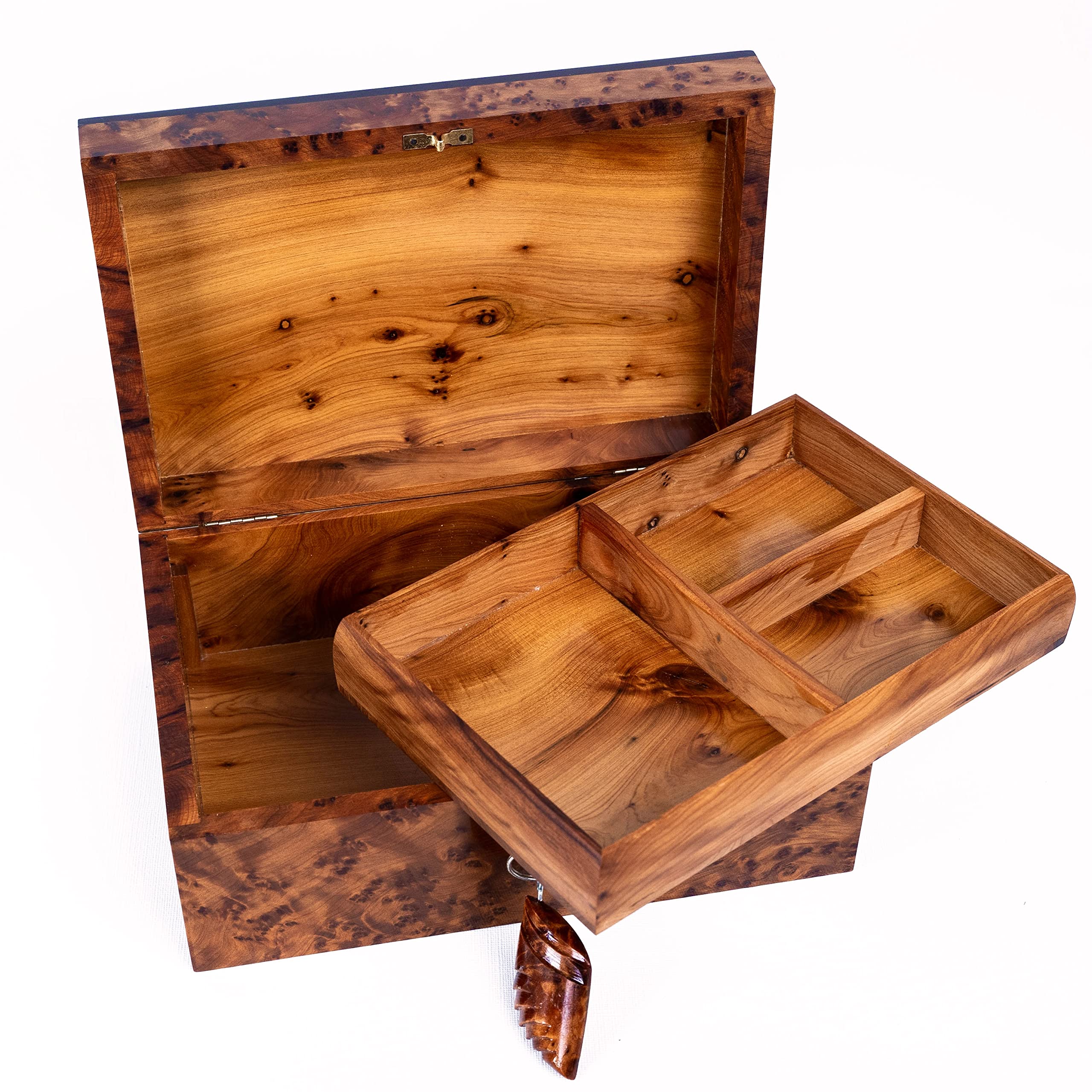 Hand Carved Wooden Jewelry Box - Thuya Burl & Ebony Wood Inlaid with Mother of Pearl - Large Antique Keepsake Storage Box with Lock - Perfect for Organizing Jewelry, Valuables & Home Decor