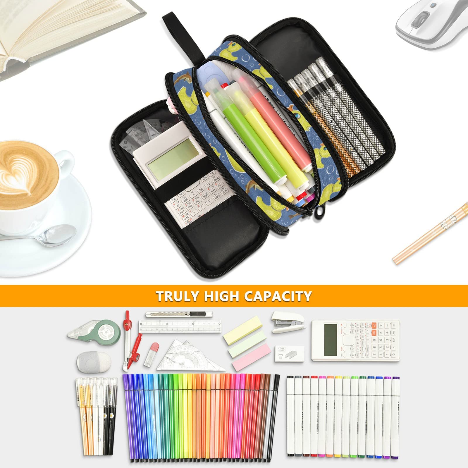 J JOYSAY Large Capacity Ducks & Fish Design Pencil Case for School, College, Office - Spacious Pen Pouch for Boys & Girls - Perfect for Organizing Stationery, Art Supplies, and Writing Tools