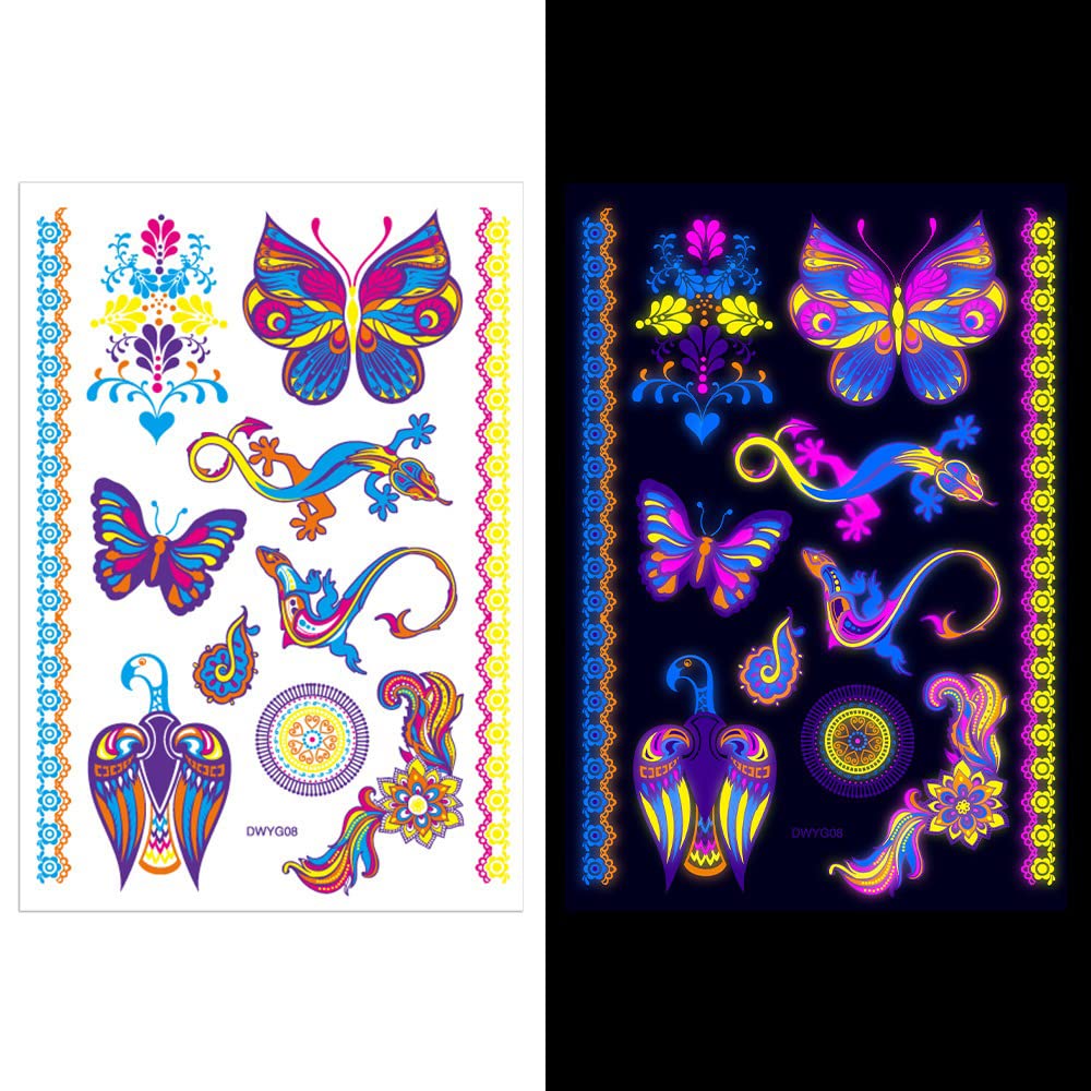 UV Glow Neon Temporary Tattoos - Waterproof Fake Tattoo Stickers for Women & Men (Lion, Tiger, Wolf, Lizard Designs) | 21x15CM Body Art for Parties, Festivals & Costume Events