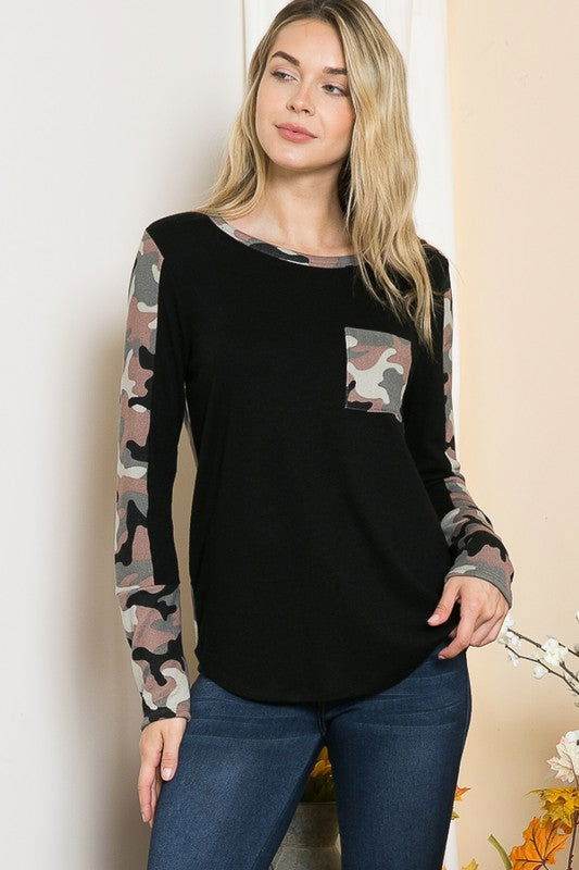 Camouflage Contrast Knit Top for Women - Stylish Military Print Long Sleeve Shirt for Outdoor Adventures, Hiking & Casual Wear