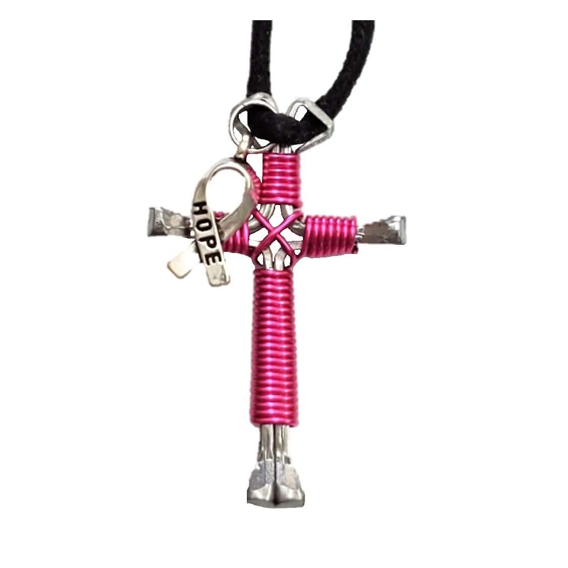 Pink Horseshoe Nail Cross Pendant Necklace with Hope Ribbon Charm - Inspirational Jewelry Gift for Women, Faith-Based Accessory for Daily Wear & Special Occasions