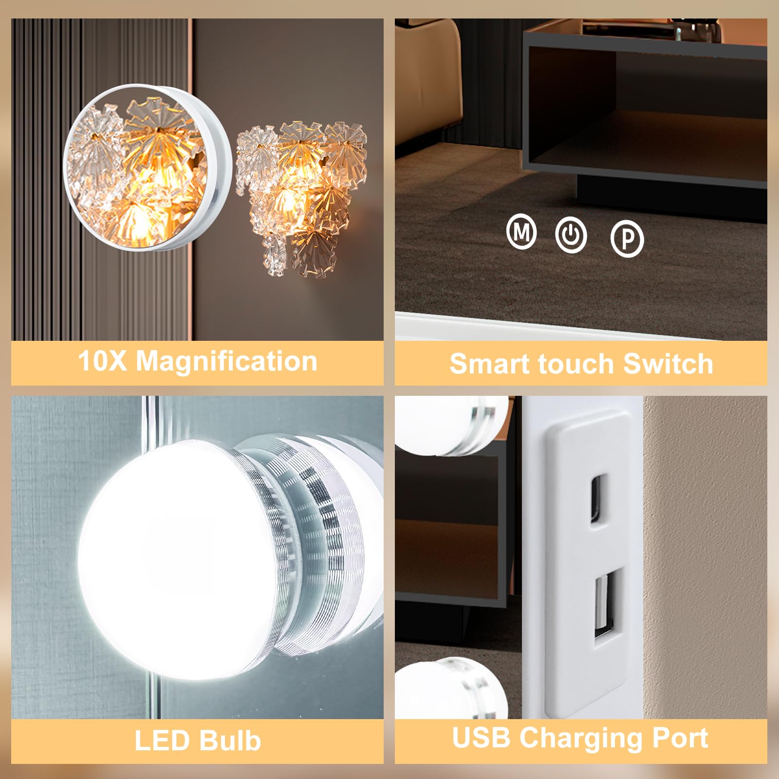 Hollywood Vanity Mirror with LED Lights - 12 Bulbs, 3 Color Modes, Adjustable Brightness, USB Charging Port, Aluminum Frame (14