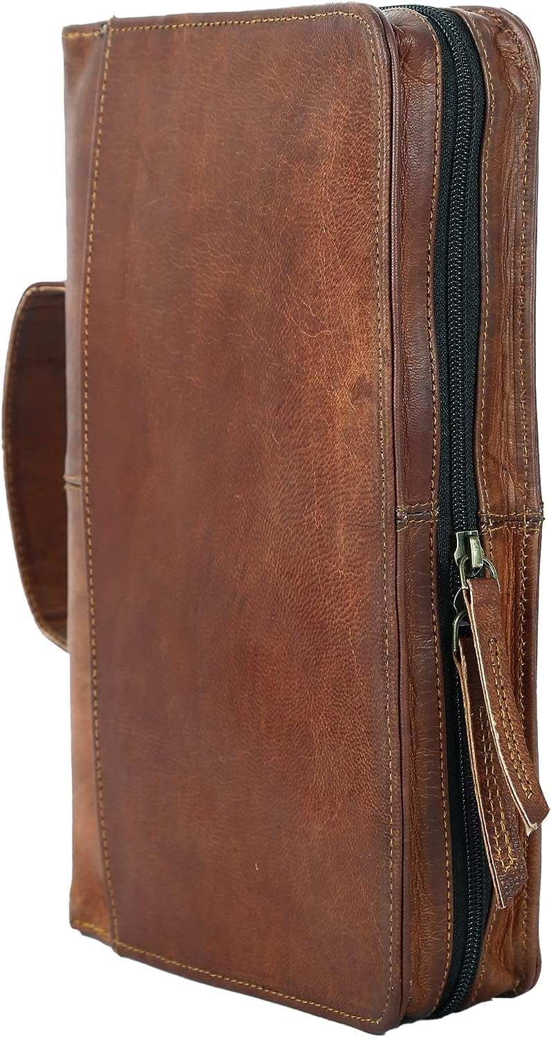 Genuine Leather Bible Cover with Handle & Back Pocket - Large Size for Bible, Planner & Notebook - Perfect for Church, Travel & Daily Use