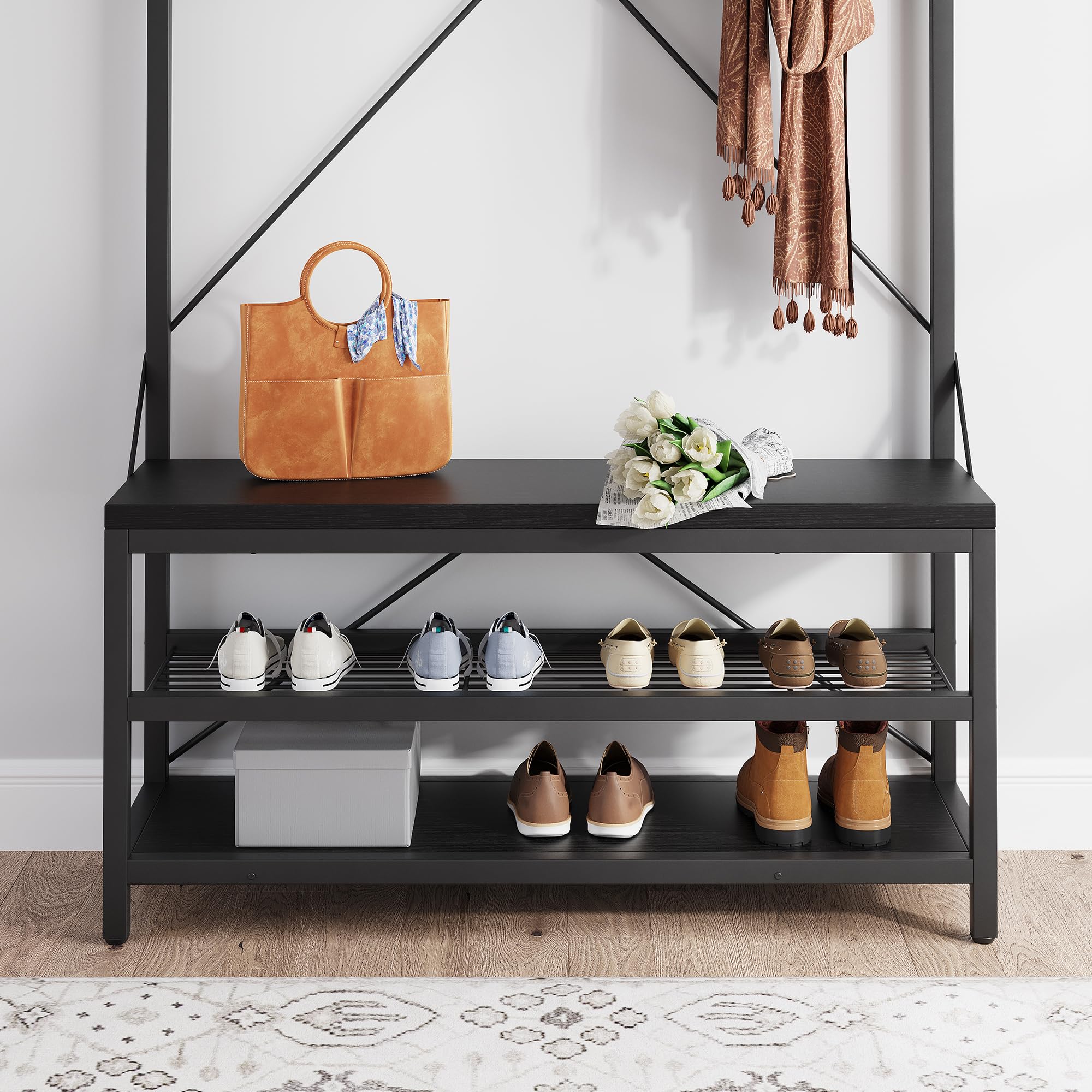 IDEALHOUSE Industrial Coat Rack Shoe Bench with Storage Shelf & 8 Hooks - 39.9