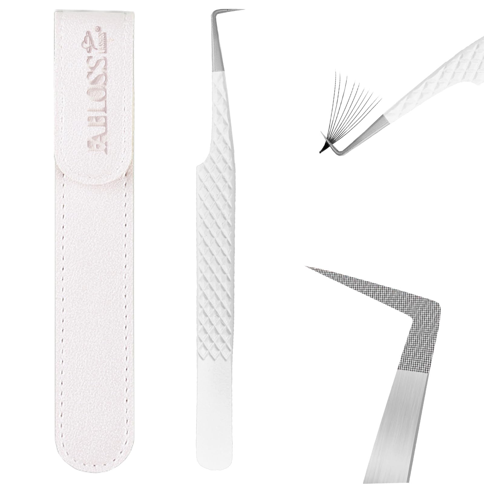 Professional Fiber Tip Lash Tweezers for Eyelash Extensions - Japanese Steel Precision Tweezers for Women (90 Degree, White) - Perfect for Salon Professionals & DIY Lash Artists at Home
