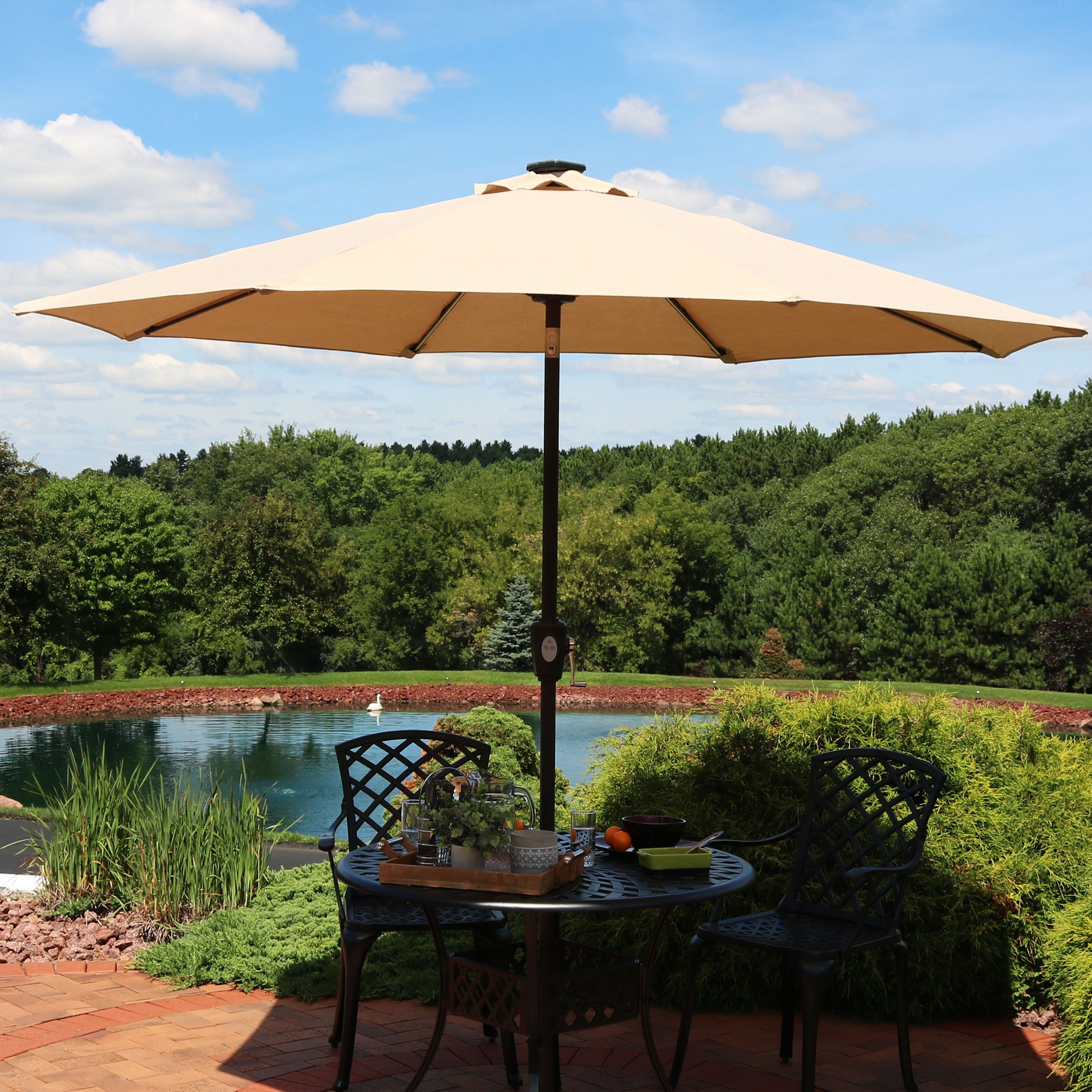 Sunnydaze 9 Foot Solar Sunbrella Patio Umbrella with Push Button Tilt & Crank - Perfect for Poolside, Backyard, and Outdoor Dining Areas