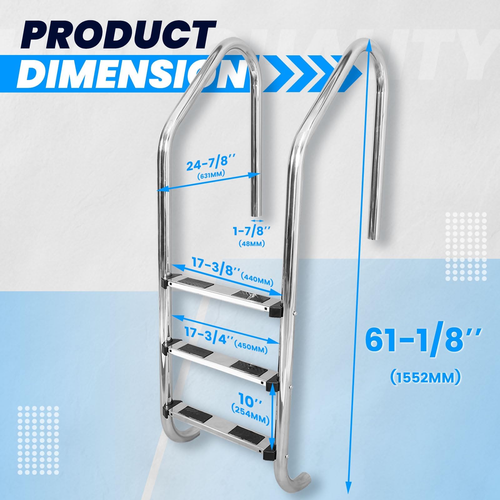 HECASA 3-Step Stainless Steel Swimming Pool Ladder with Anti-Slip Pads - 300LB Weight Capacity for In-Ground Pools - Easy Assembly & Safe Climbing - Indoor/Outdoor Use - Perfect for Backyard, Community, and Vacation Home Pools