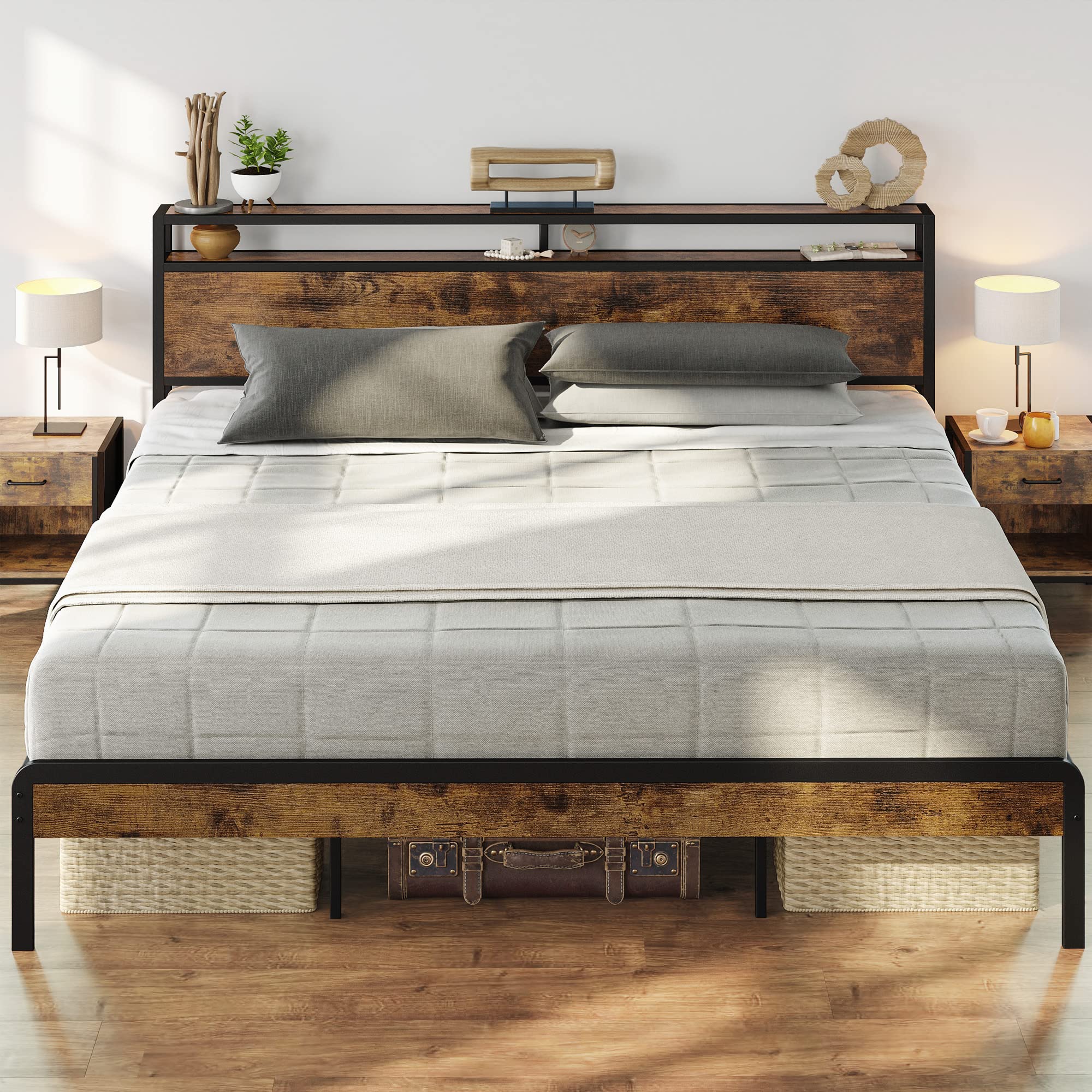 LIKIMIO King Size Bed Frame with 2-Tier Storage Headboard - Solid Wood Platform Bed, No Box Spring Needed, Noise Free & Easy Assembly - Vintage Brown Finish for Master Bedroom, Guest Room or Dorm