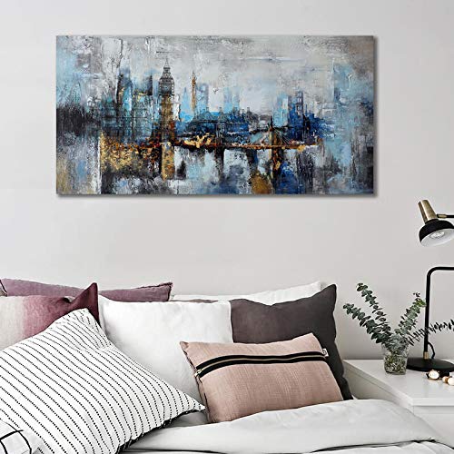 Abstract City View Canvas Wall Art - Modern Gray Blue Buildings Print for Bedroom, Living Room & Office Decor - Large 24x48 Inches - Perfect for Contemporary Home & Workspace Aesthetics