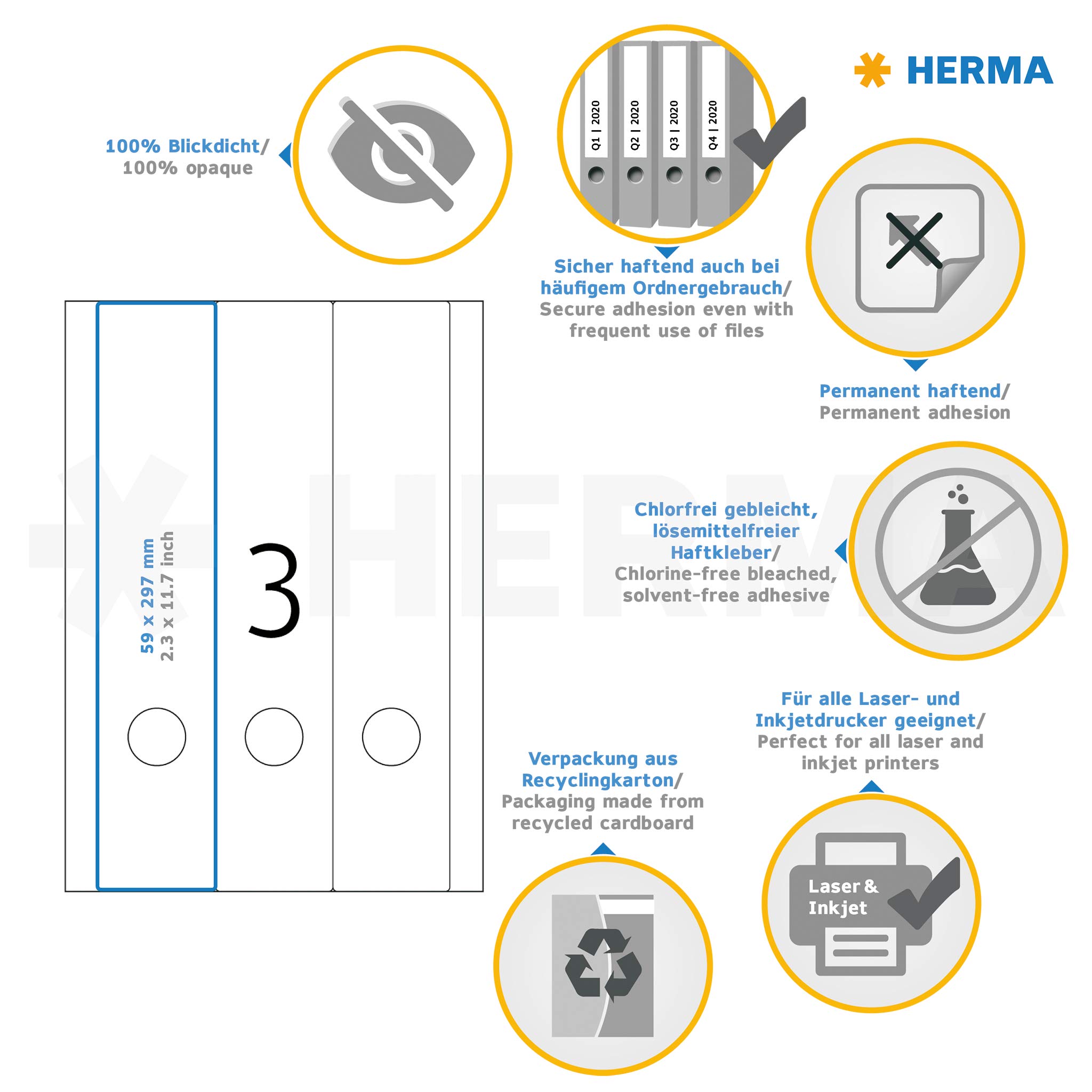 HERMA Self Adhesive Spine Labels - 75 Blank White Labels (59x297mm) for Laser & Inkjet Printers - 3 Labels per A4 Sheet, 25 Sheets - Perfect for Lever Arch Files, Folders & Office Organization