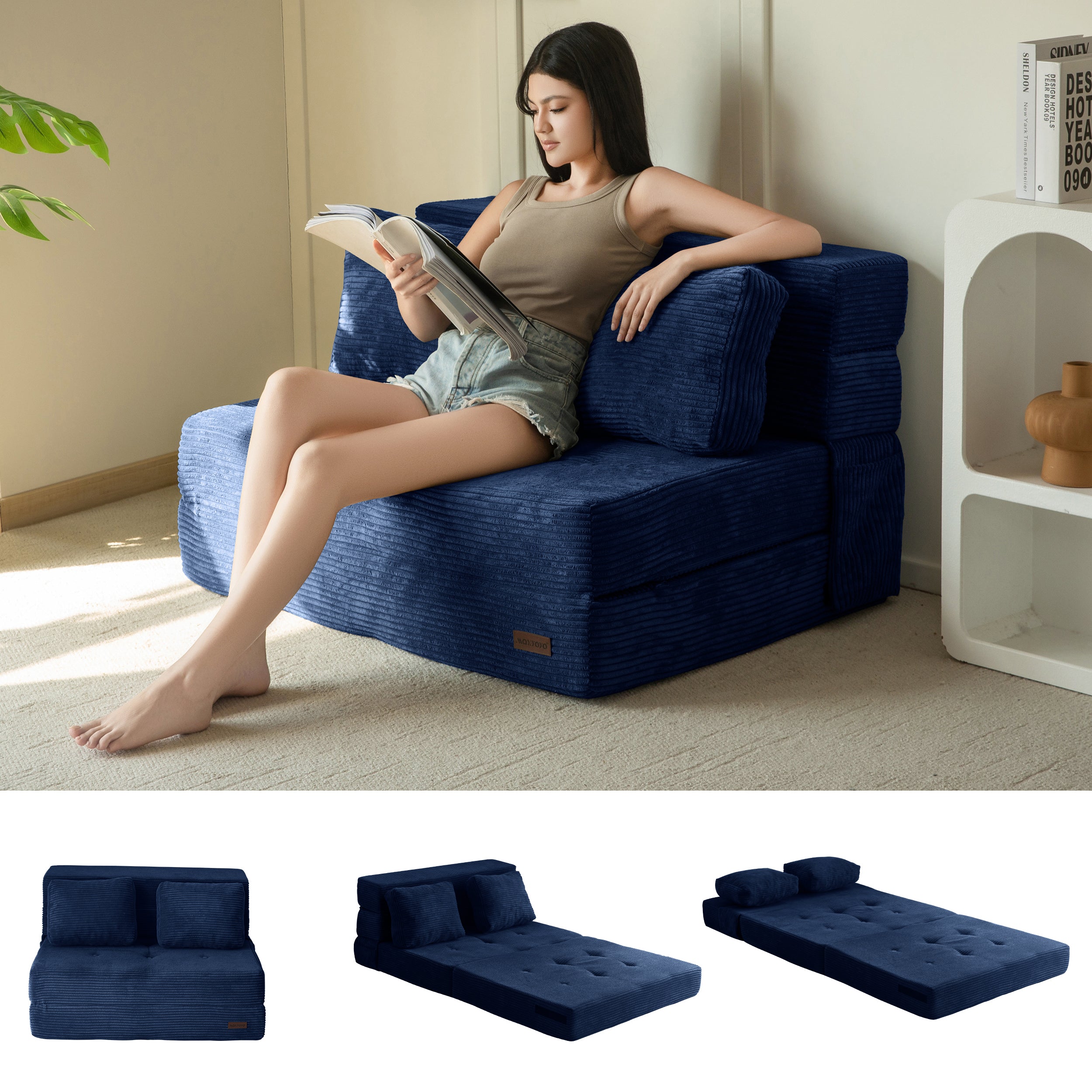 MAXYOYO 3-in-1 Convertible Sofa Bed - Fold Out Single Sleeper Sofa with Pillow, Foam Floor Couch & Lazy Chair for Living Room, Bedroom, Guest Room (Navy Blue) | Perfect for Small Spaces, Overnight Guests & Relaxing
