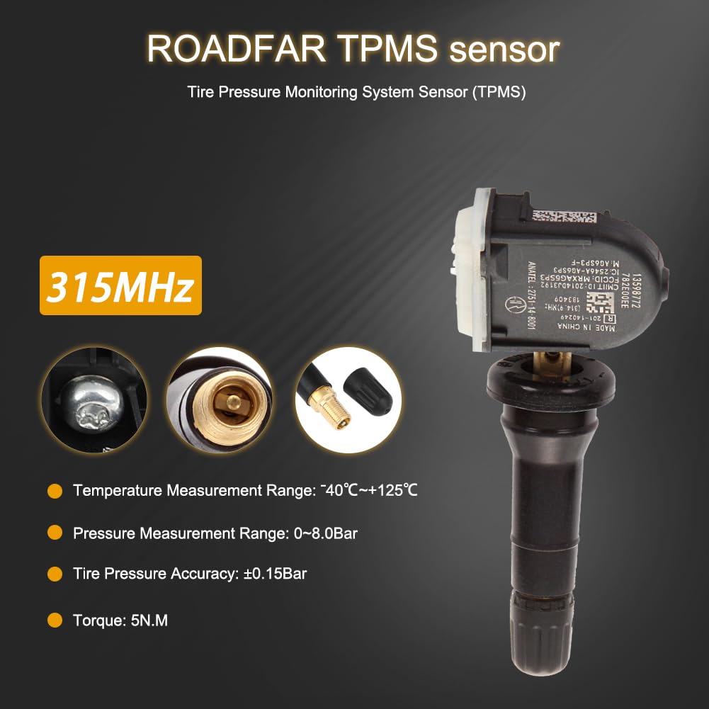 ROADFAR 315MHz Programmable TPMS Tire Pressure Monitoring System Sensor - 4 Pack Compatible with Chevrolet Vehicles | Perfect for Highway Safety & Off-Road Adventures