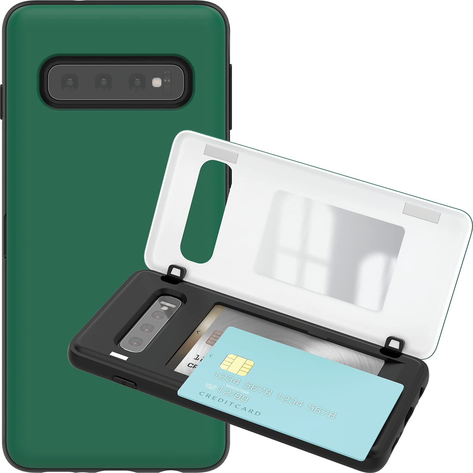 JUST4YOU Galaxy S10 Wallet Case with Card Holder & Hidden Mirror - Magnetic Closure Bumper Cover (Green) - Perfect for Everyday Use, Travel & Business
