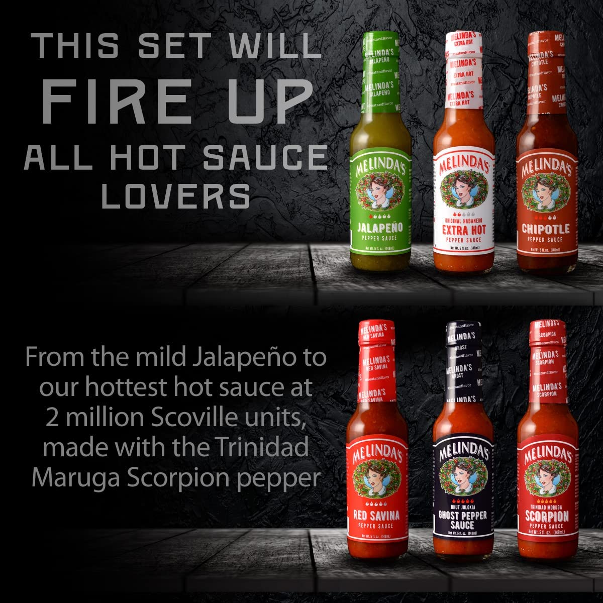 Melinda’s Extra Spicy Hot Sauce Gift Set - 6 Pack Gourmet Pepper Sauce Collection (Jalapeño, Habanero, Chipotle, Red Savina, Ghost & Scorpion) - 5oz Bottles - Perfect for Cooking, Grilling & Gifting