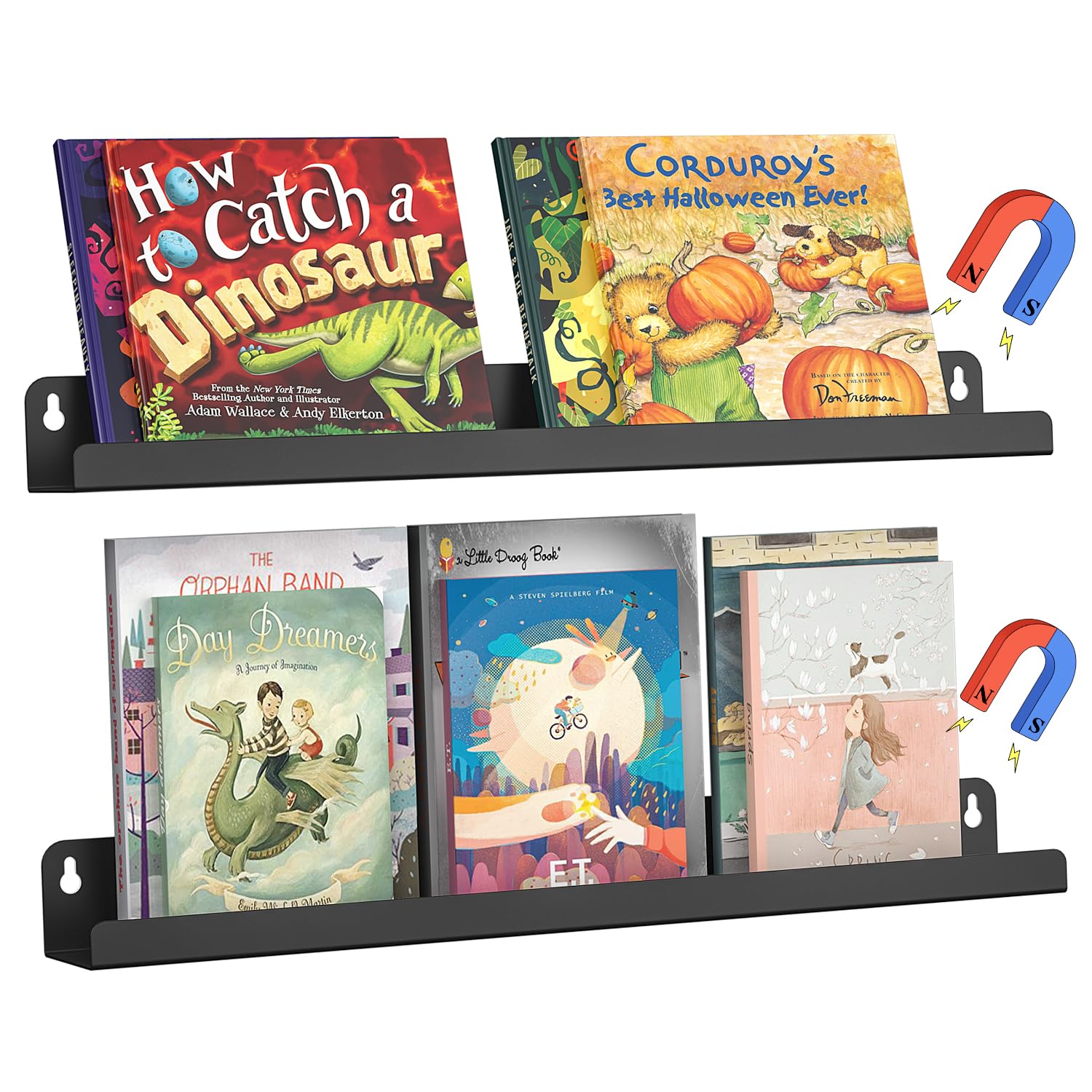 MFTEK Magnetic Book Shelf 2 Pack - Strong Magnetic Book Rack Organizer for Whiteboard & Refrigerator - Wall Mount Floating Shelves for Books & Display - Perfect for Home, Classroom & Office Organization