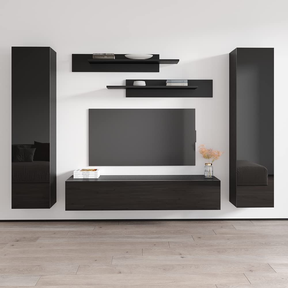 Modern Floating TV Stand with Storage & LED Lights - Wall-Mounted Entertainment Center for Bedroom & Living Room - Space-Saving TV Console with Shelves - Perfect for Small Apartments & Home Theaters - Black
