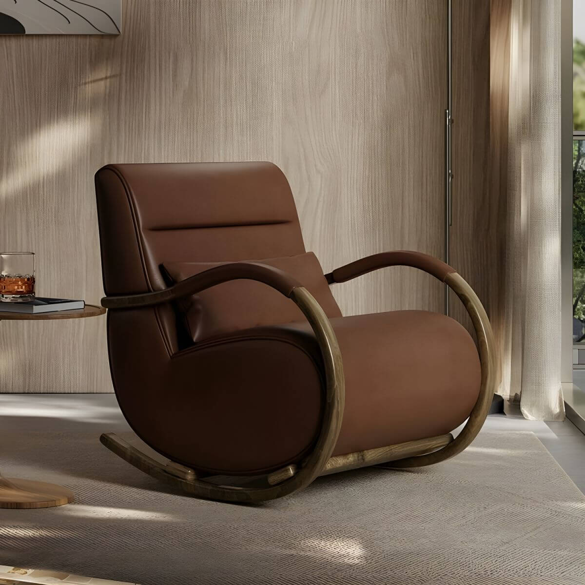 Modern Brown Wood Indoor Rocking Chair with Spindle Back & Water-Resistant Seat - Perfect for Nursery, Living Room & Relaxation