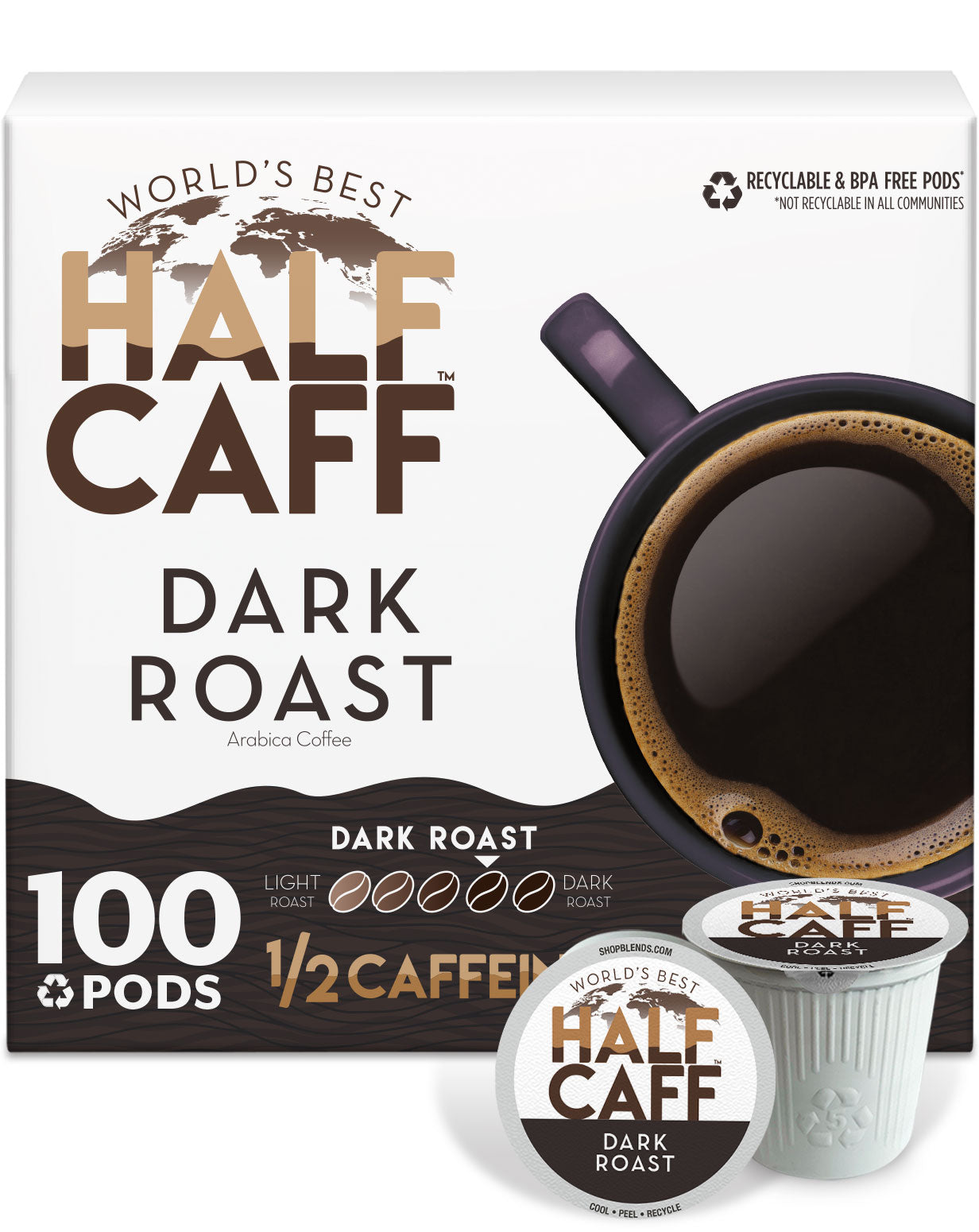World's Best Half Caffeine Dark Roast Coffee Pods - Compatible with Keurig 2.0 - Perfect for Morning Energy & Evening Relaxation