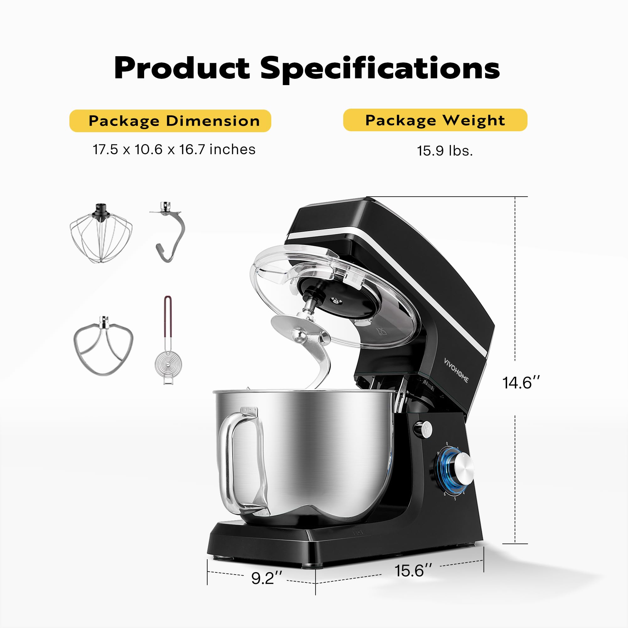 VIVOHOME 7.5 Quart Stand Mixer - 660W 6-Speed Tilt-Head Electric Kitchen Mixer with Beater, Dough Hook, Wire Whip & Egg Separator - Perfect for Baking Cakes, Cookies, Bread & More - Black