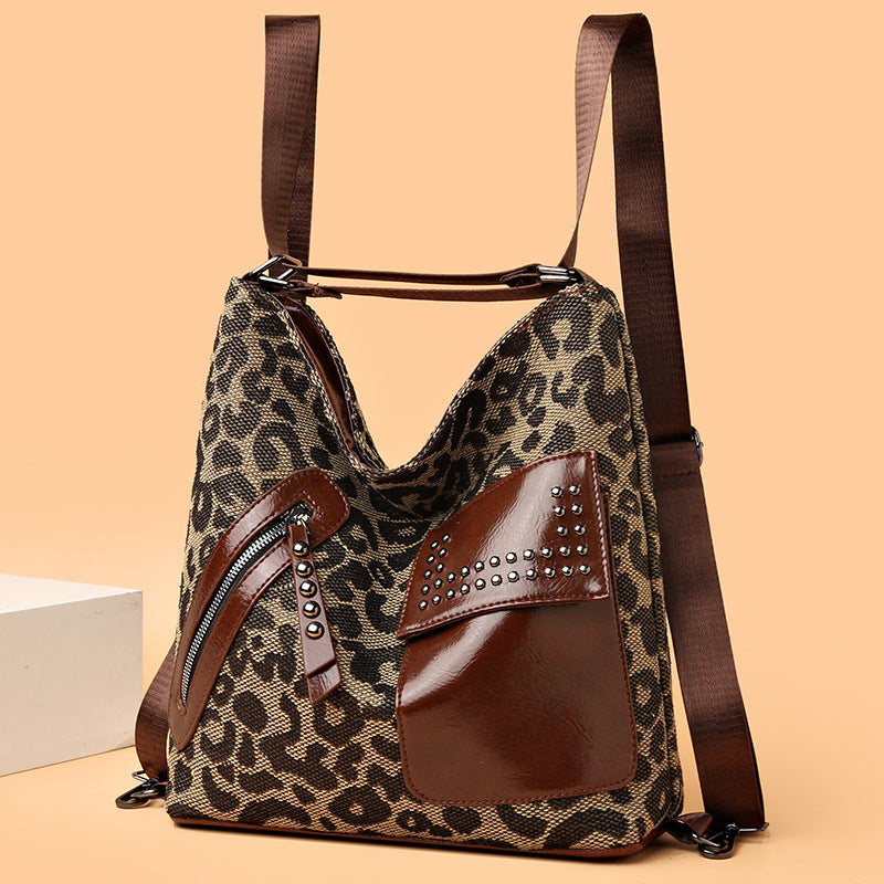 Stylish Houndstooth Backpack for Women - Fashionable Leopard Print Shoulder Bag with Rivet Design | Perfect for Work, Travel & Daily Use
