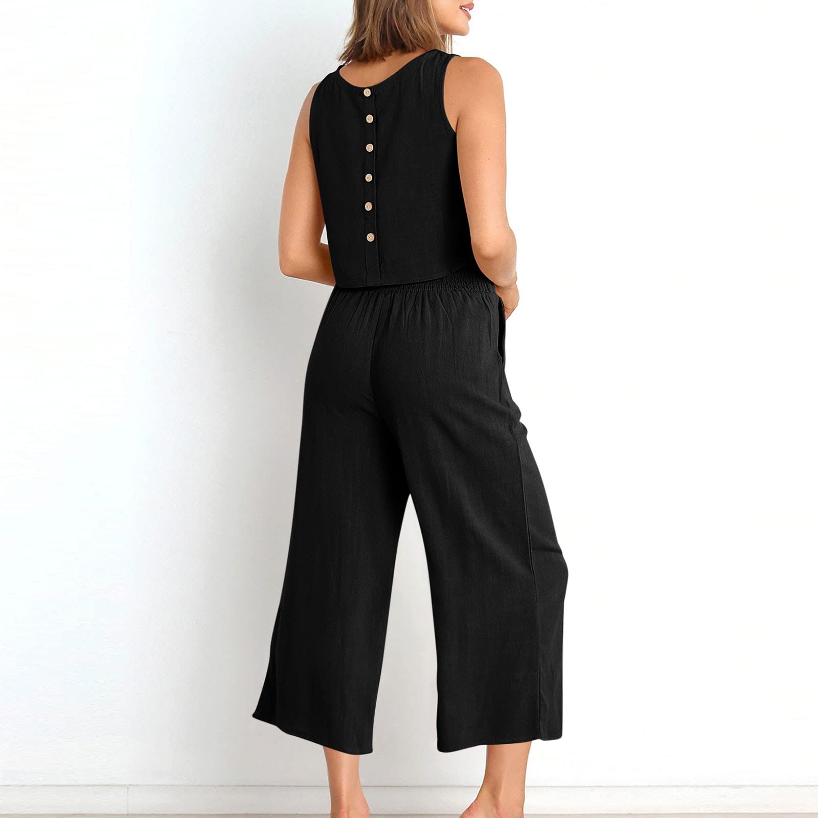 AMhomely Women's 2-Piece Outfits - Sleeveless Cotton Linen Wide Leg Pants Set with Vest Top & Back Buttons | Elegant Ladies Pantsuit with Pockets | Perfect for Office Wear, Summer Vacation & Casual Outings