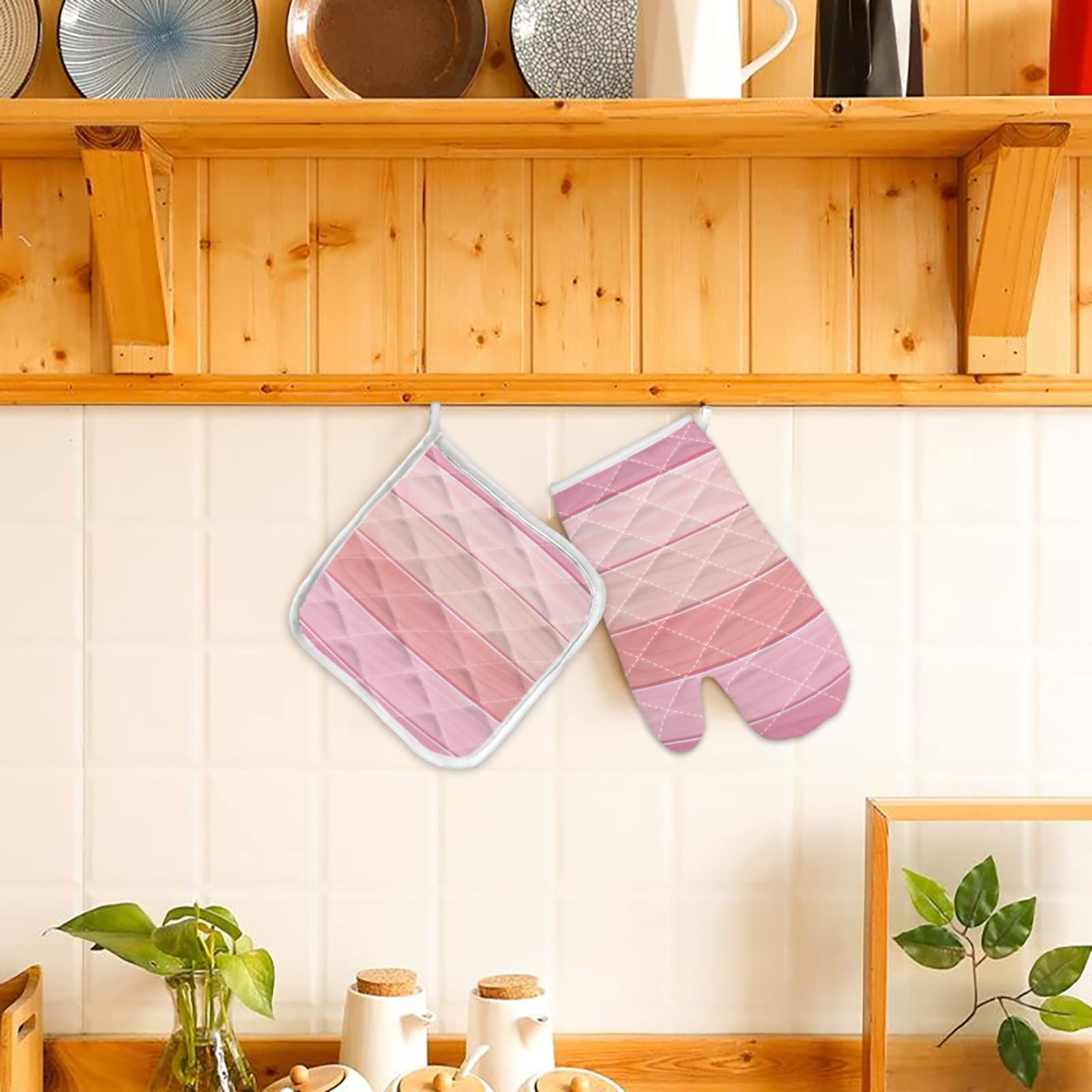 Thermal Insulation Oven Mitts and Pot Holder Set - Heat Resistant Kitchen Gloves with Anti-Slip Grip for Cooking, Baking, BBQ, Grilling & Microwave Use - Candy Pink Abstract Design with Wooden Board - Perfect for Home Kitchen, Outdoor Picnics & Holiday Cooking