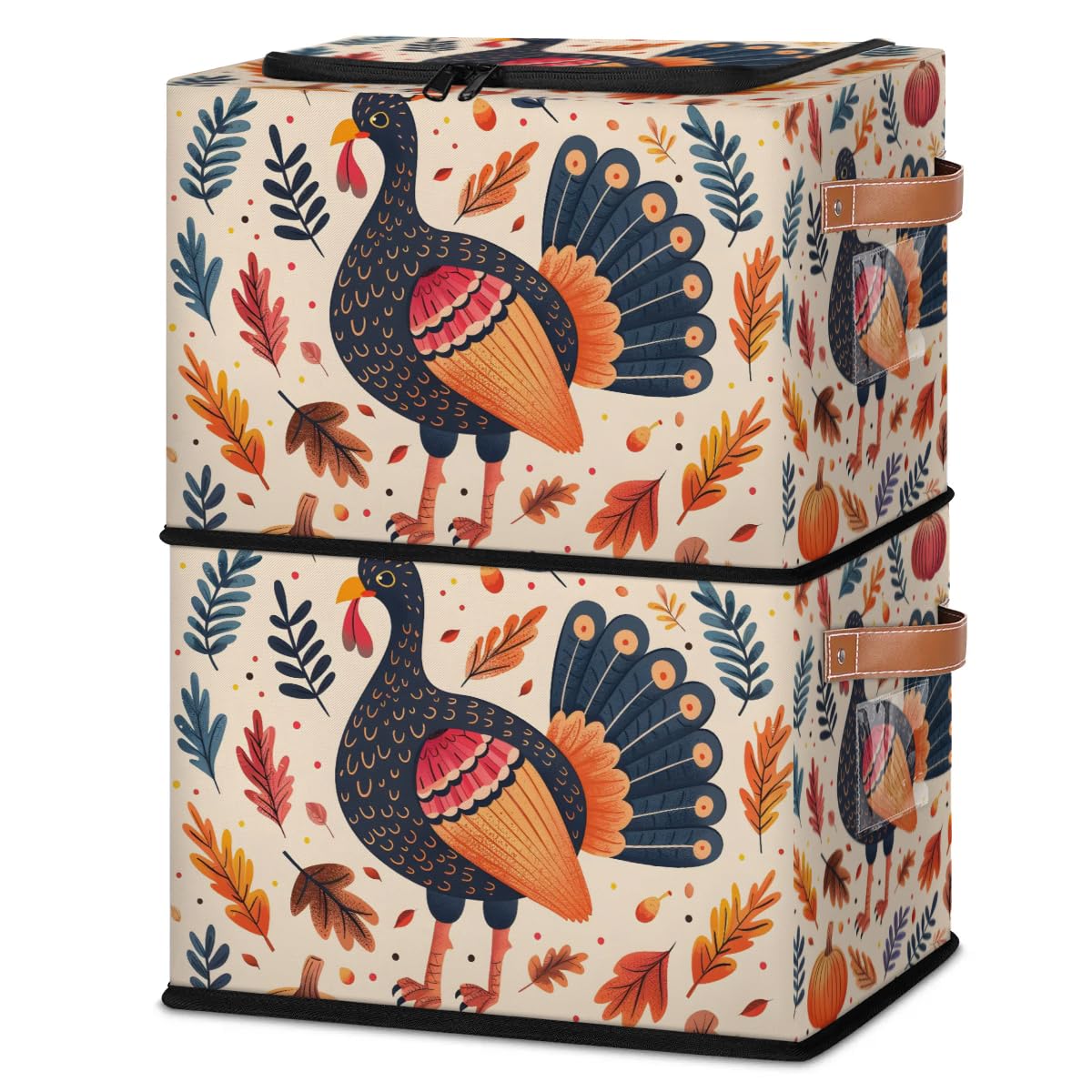 Thanksgiving Day Storage Boxes with Sturdy Handles - 2 Pack Zippered Storage Bins for Clothes, Toys & Home Organization | Durable Zipper Lid Storage Baskets for Holiday Decor, Seasonal Items & Kids Room Organization