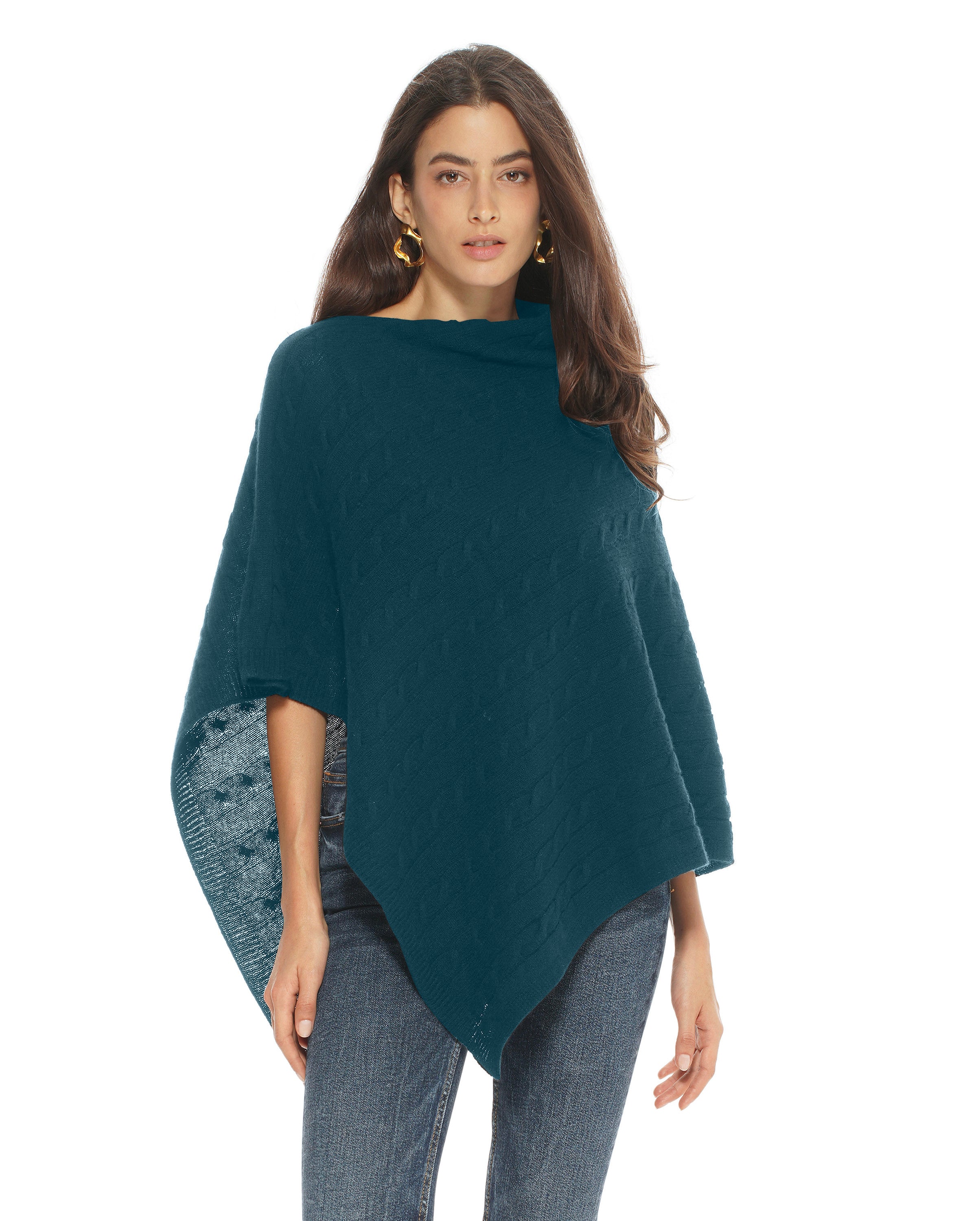 Women's Pure Cashmere Cable Knit Poncho - Soft Forest Green Winter Wrap Shawl for Cozy Outdoors & Holiday Gatherings