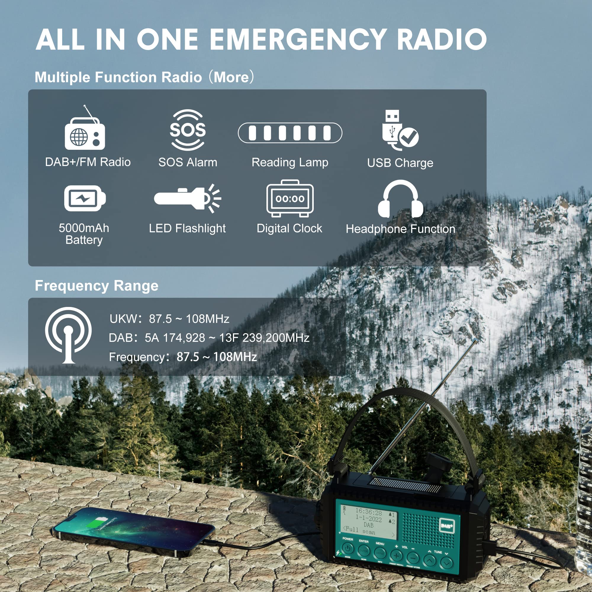 Solar & Hand Crank Emergency Radio with DAB+/DAB/FM, 5000mAh Power Bank, LCD Display, USB Charging, Flashlight & Reading Lamp - Portable Survival Radio for Camping, Hiking, Emergencies & Outdoor Adventures (Blue)