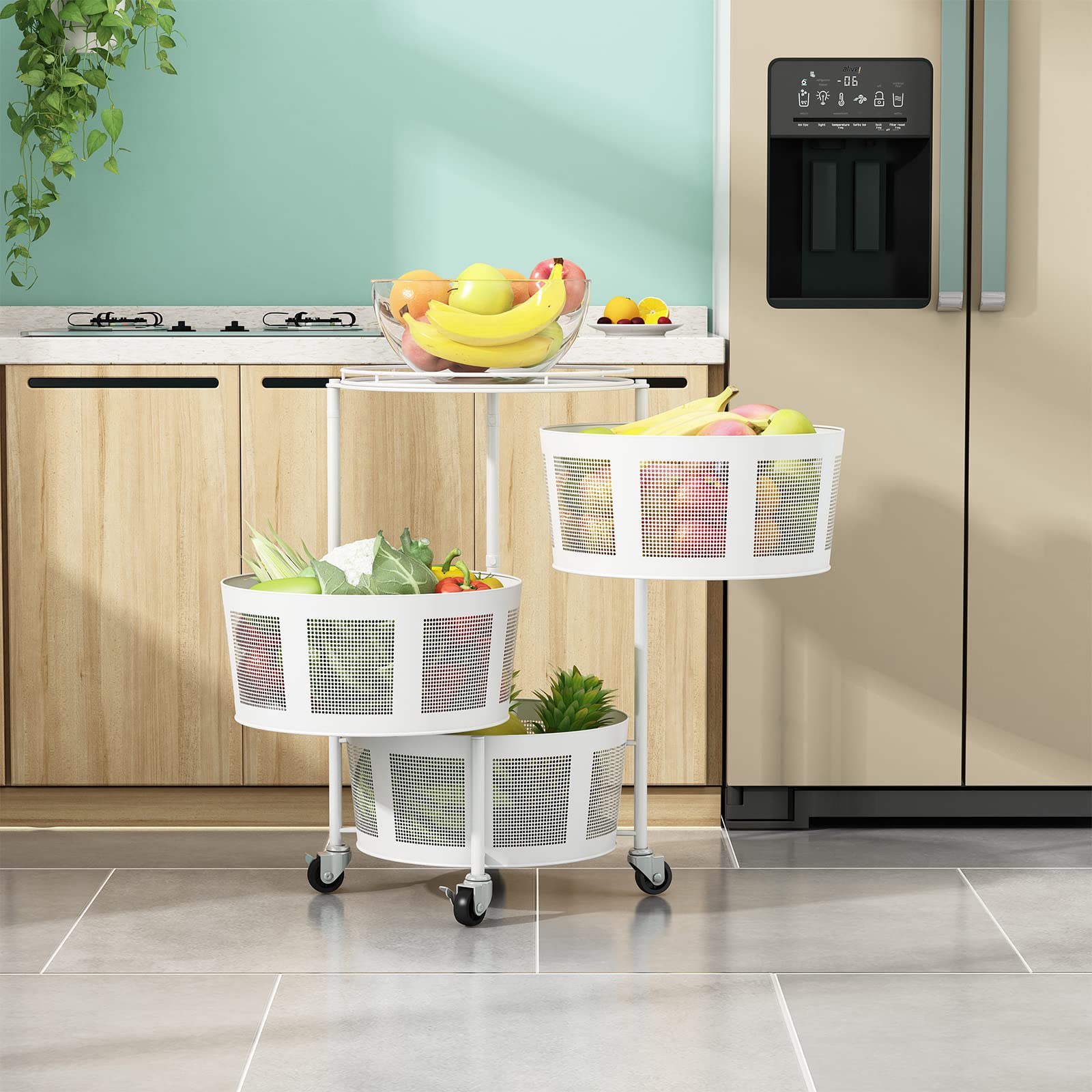 3-Tier Rotating Storage Rack with Wheels - Round Kitchen Organizer Shelf for Vegetables, Fruits & Household Items - Space-Saving Floor Standing Storage Basket for Kitchen, Living Room & Bathroom - White - Perfect for Small Spaces & Clutter-Free Organization