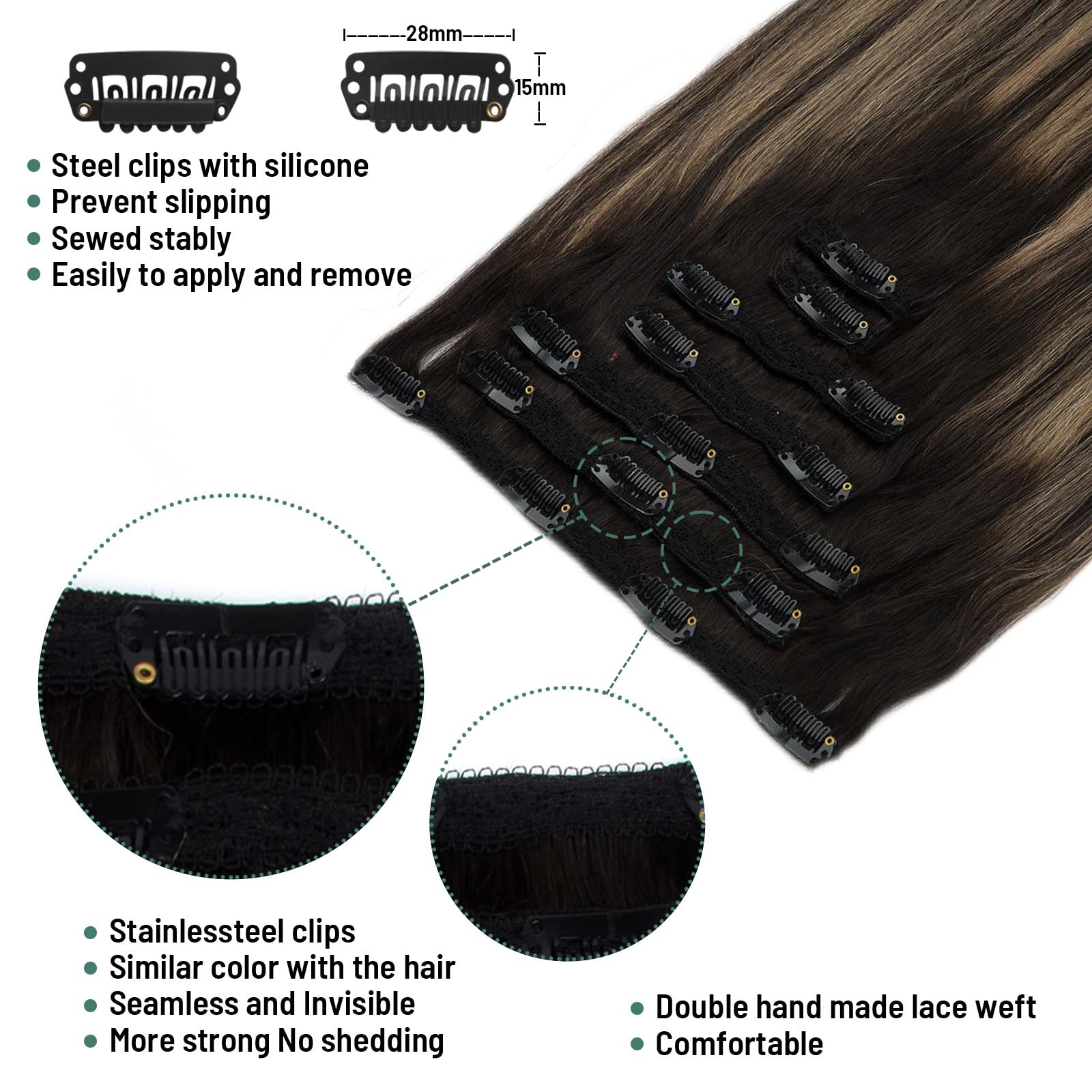 Ombre Natural Black to Honey Ash Blonde Clip-In Human Hair Extensions 14 Inch 120g 7pcs - Straight Real Hair Extensions for Short Hair - Perfect for Daily Styling, Parties & Special Occasions