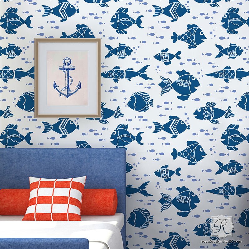 Fish Tales Wall Stencil - Reusable DIY Home Decoration Template for Nursery, Bathroom & Coastal Decor | Perfect for Painting, Stenciling & Wall Art Projects