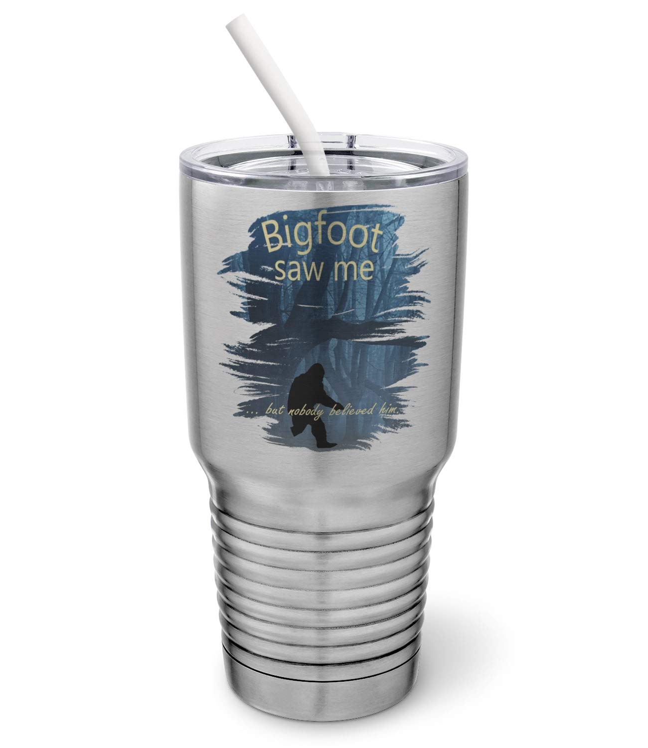 PixiDoodle Sasquatch Bigfoot Believer 30 oz Insulated Tumbler with Spill-Proof Lid & Silicone Straw - Stainless Steel Silver - Perfect for Outdoor Adventures, Camping, Hiking and Travel