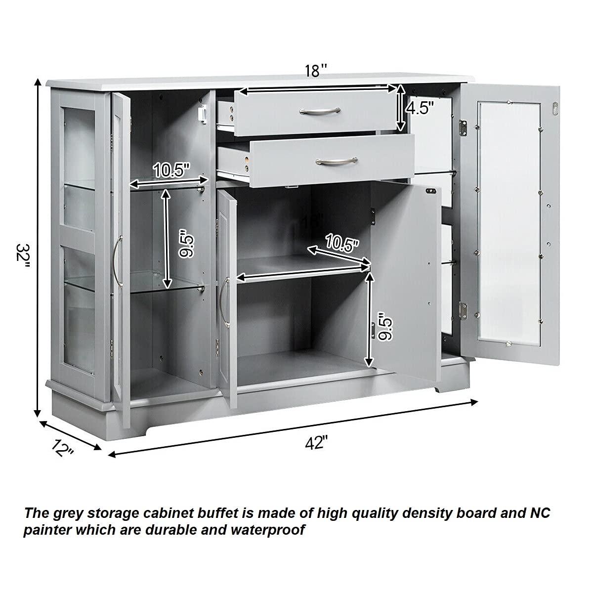 Grey Kitchen Buffet Cabinet with 2 Drawers & 2 Glass Doors - Dining Room Storage Sideboard for Napkins, Cutlery, Dishes & Wine Glasses - Perfect for Home Entertaining & Small Space Organization