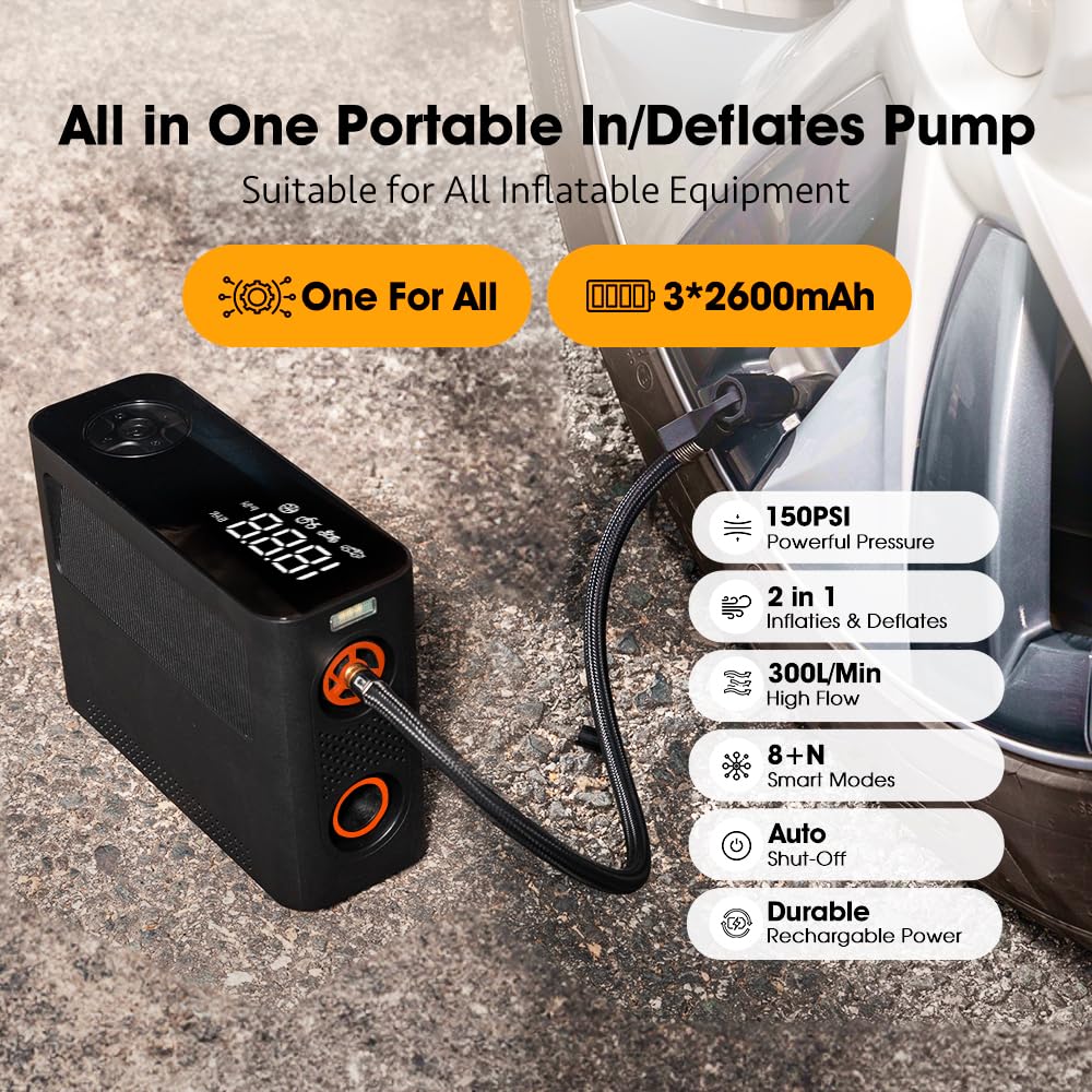 150 PSI Portable Air Pump - Rechargeable Tire Inflator with 8 Modes, Dual-Power Option & Auto-Stop for Car Tires, Bikes, SUVs, Motorcycles, SUP Paddle Boards, Pool Floats, Kayaks, Sports Balls, Air Mattresses - Fast Inflation with LED Light for Home, Travel & Outdoor Adventures