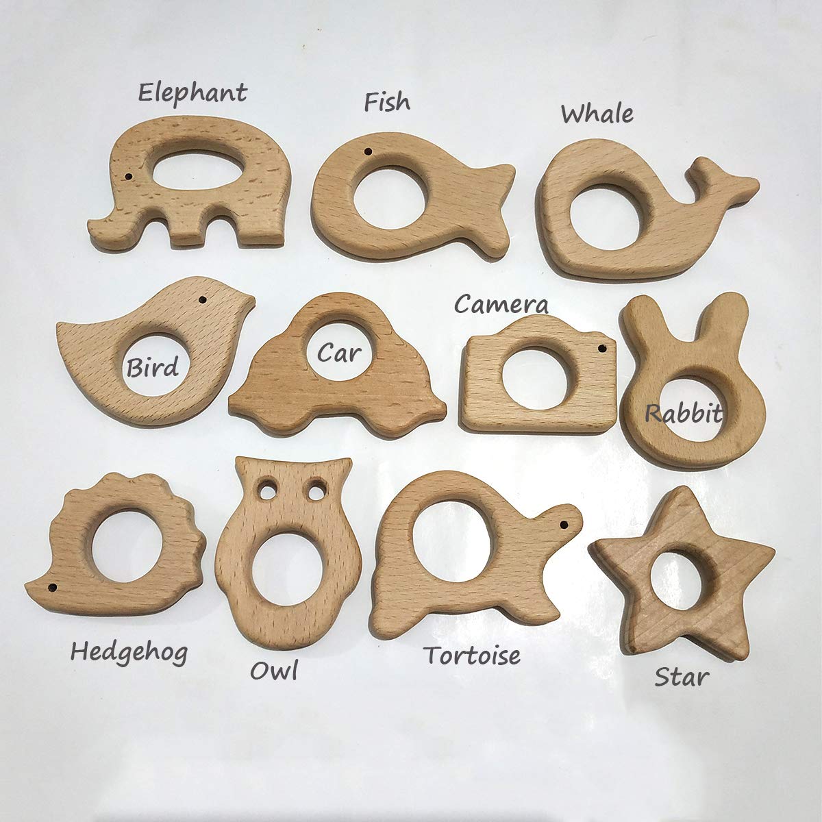 Alenybeby 15-Piece Natural Wooden Teething Toys Set - Random Animal Shapes, Organic Baby Teether Rings & Handmade Pendants - Montessori Toys for Soothing Sore Gums - Perfect for Home, Travel & Daycare Use