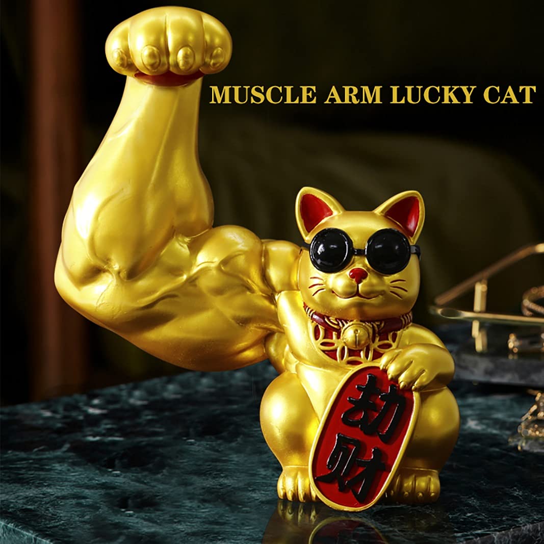 Gold Lucky Cat Statue - Fortune Welcoming Wealth Decoration for Home & Office | Strong Giant Arm Muscle Arm Opening Gift | Perfect for Feng Shui, Desk Decor & Good Luck Gifts