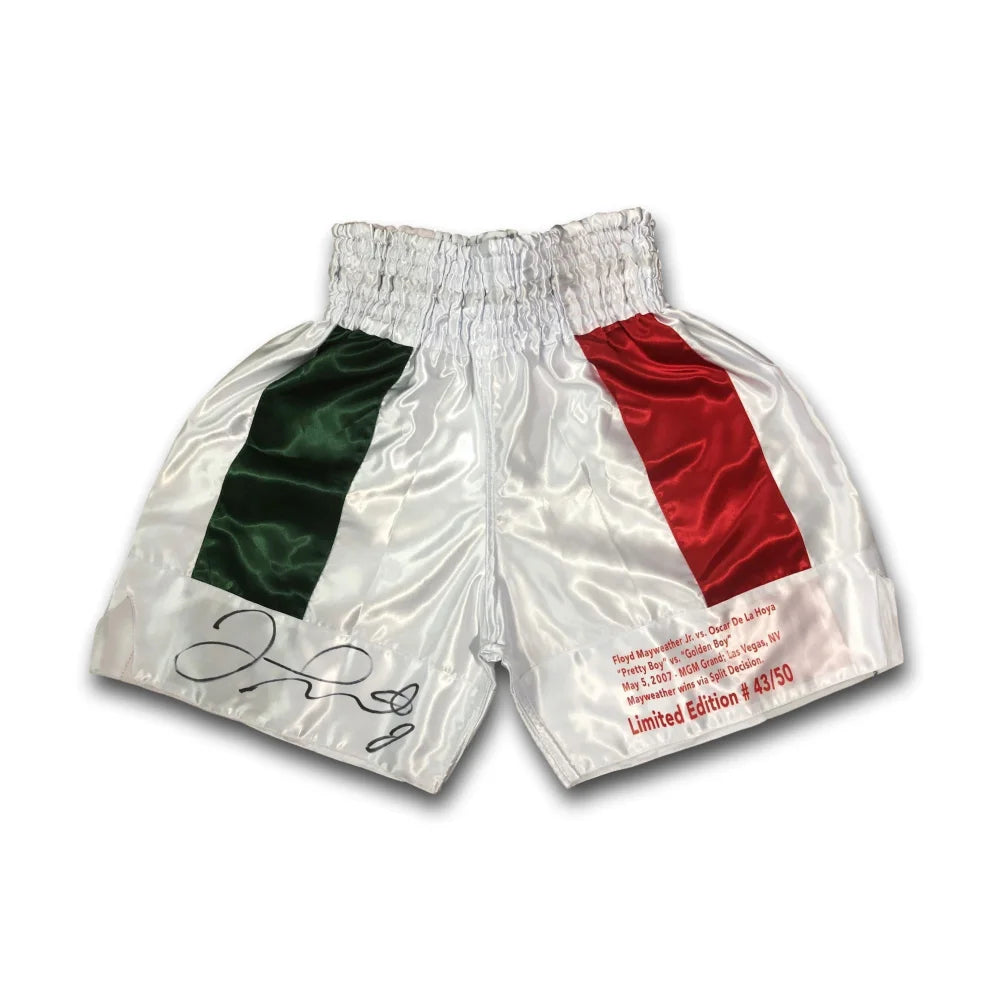 Floyd Mayweather Jr Signed vs. Oscar De La Hoya Boxing Trunks #D/50 with JSA COA - Authentic Collectible Memorabilia for Boxing Fans & Sports Enthusiasts