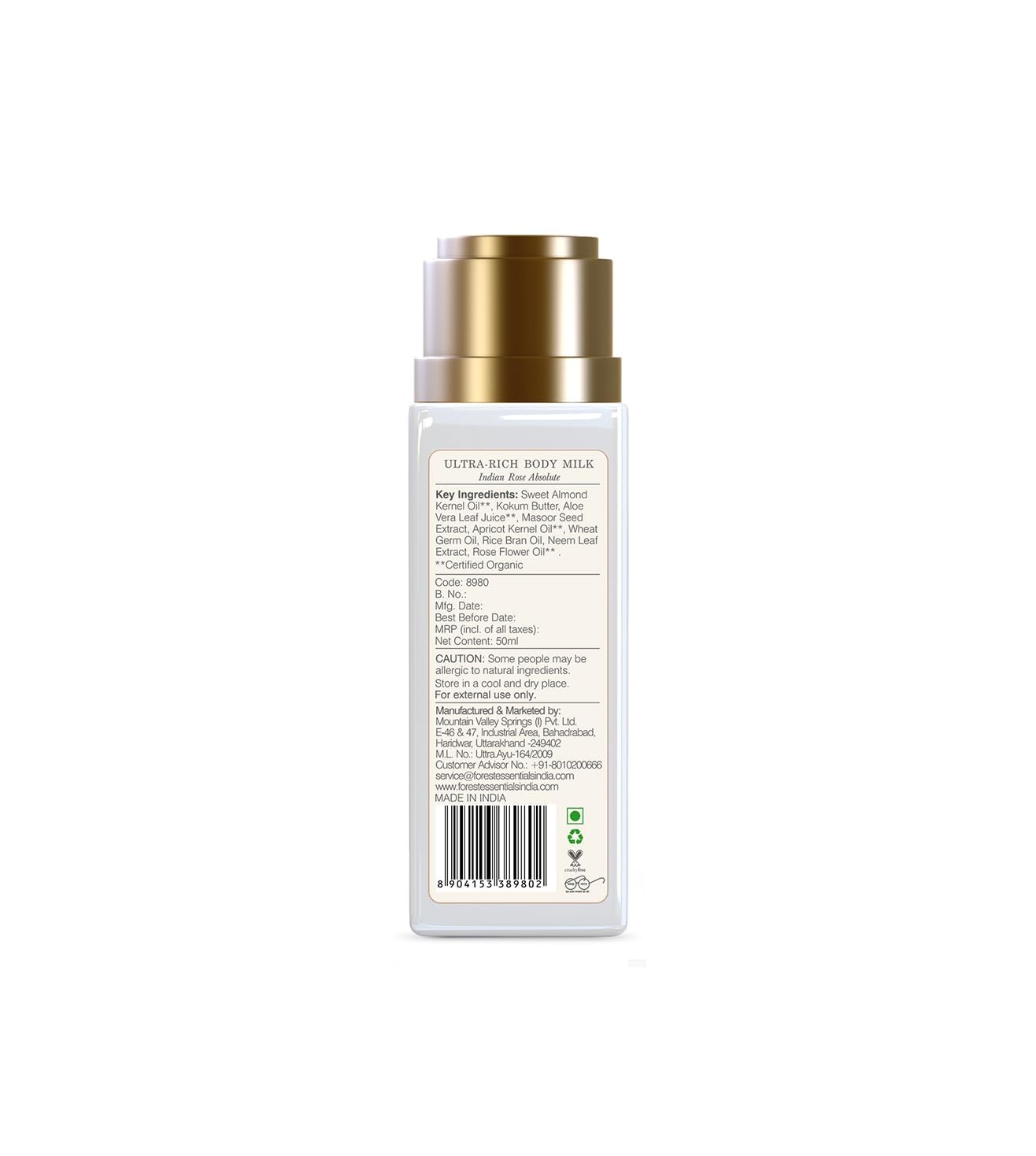 Forest-Essential's Travel Size Ultra-Rich Body Milk with Indian Rose Absolute | Natural Ayurvedic Moisturizing Lotion for Instant Hydration | Paraben-Free Body Cream for Women & Men | 50ml | Perfect for On-the-Go Skincare & Dry Skin Relief