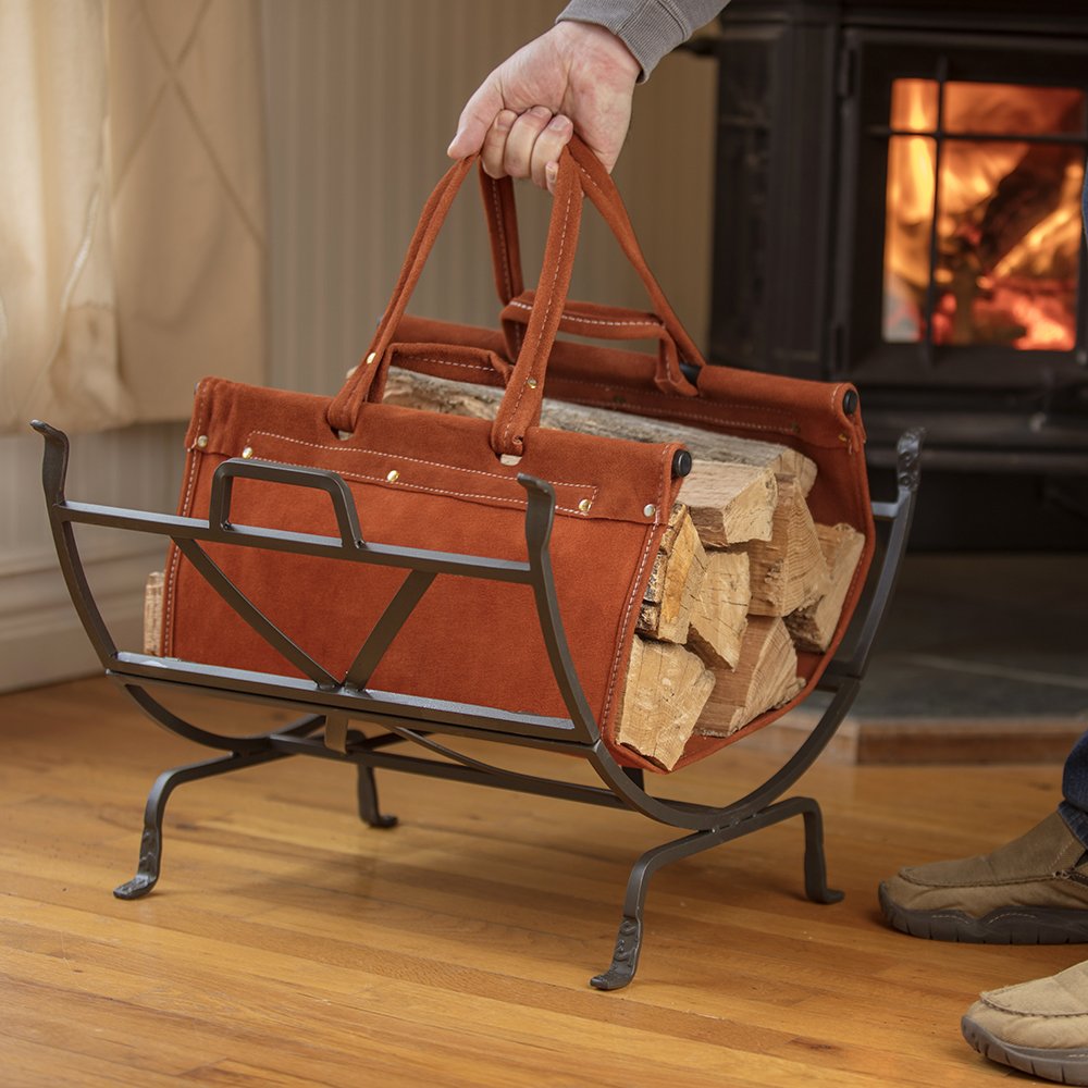 Uniflane Olde World Iron Firewood Log Holder with Suede Leather Carrier - Rustic Fireplace Accessory for Indoor/Outdoor Use - Perfect for Firewood Storage by Fireplace, Patio or Camping