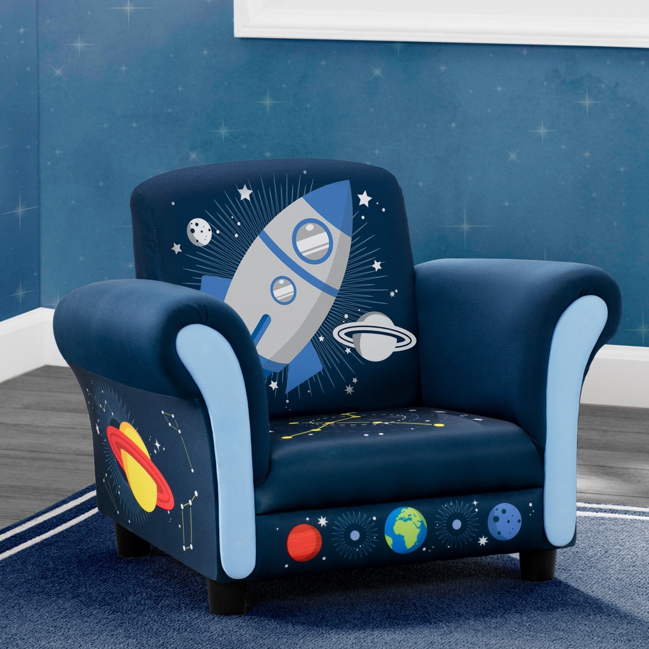 Space Adventures Kids Upholstered Chair - Comfy & Durable Children's Reading Chair for Bedroom, Playroom & Classroom - NASA Themed Space Decor for Boys & Girls