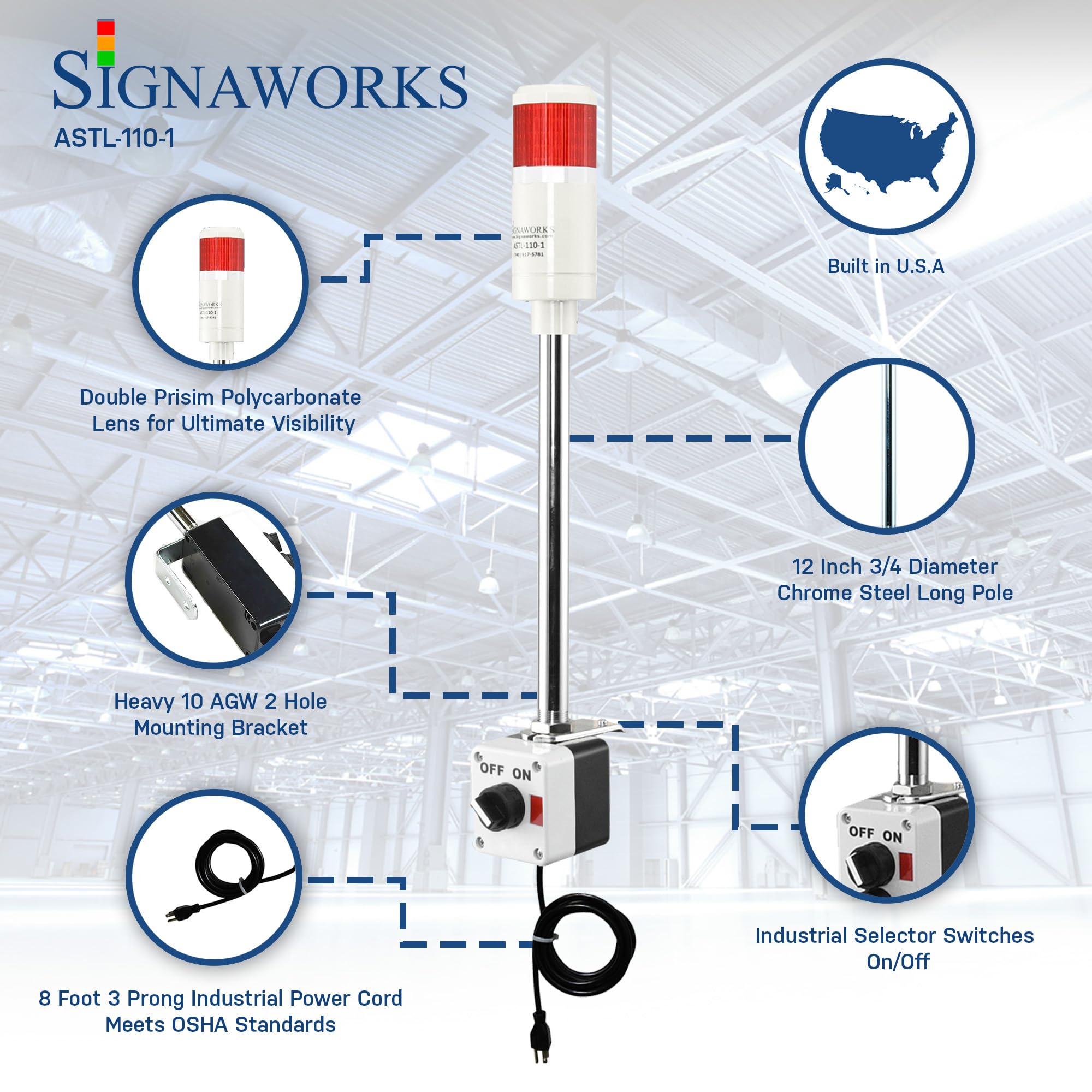 Signaworks 1 Stack Super Bright Red LED Andon Tower Light - Off/Steady On Mode, 8ft Industrial Power Cord with 3-Prong Plug (OHSA Compliant, Plug & Play) - Perfect for Factory Assembly Lines, Warehouse Safety Alerts & Industrial Equipment Monitoring - Made in USA