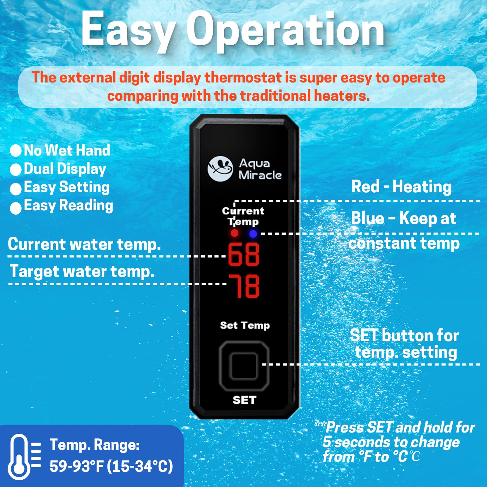 AquaMiracle Upgraded 50W Small Aquarium Heater with Dry-Run Protection & Memory Function - Dual LED Display Fish Tank Heater for 5-10 Gallon Tanks - Perfect for Freshwater/Saltwater Aquariums, Turtle Tanks & Betta Fish Habitats