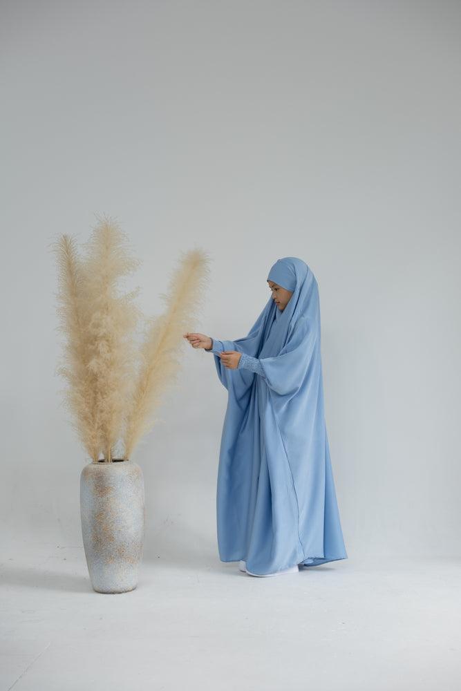 Little Gretaah Khimar Style Prayer Gown for Kids - Sky Blue with Ribbed Sleeve Cuffs | Perfect for Islamic Prayer, Eid Celebrations & Modest Dress